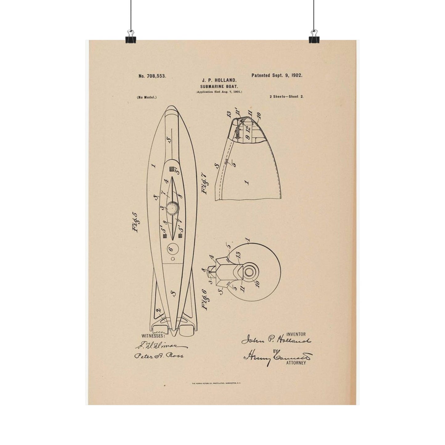 Patent drawing - Drawing for a Submarine Boat Public domain image High Quality Matte Wall Art Poster for Home, Office, Classroom