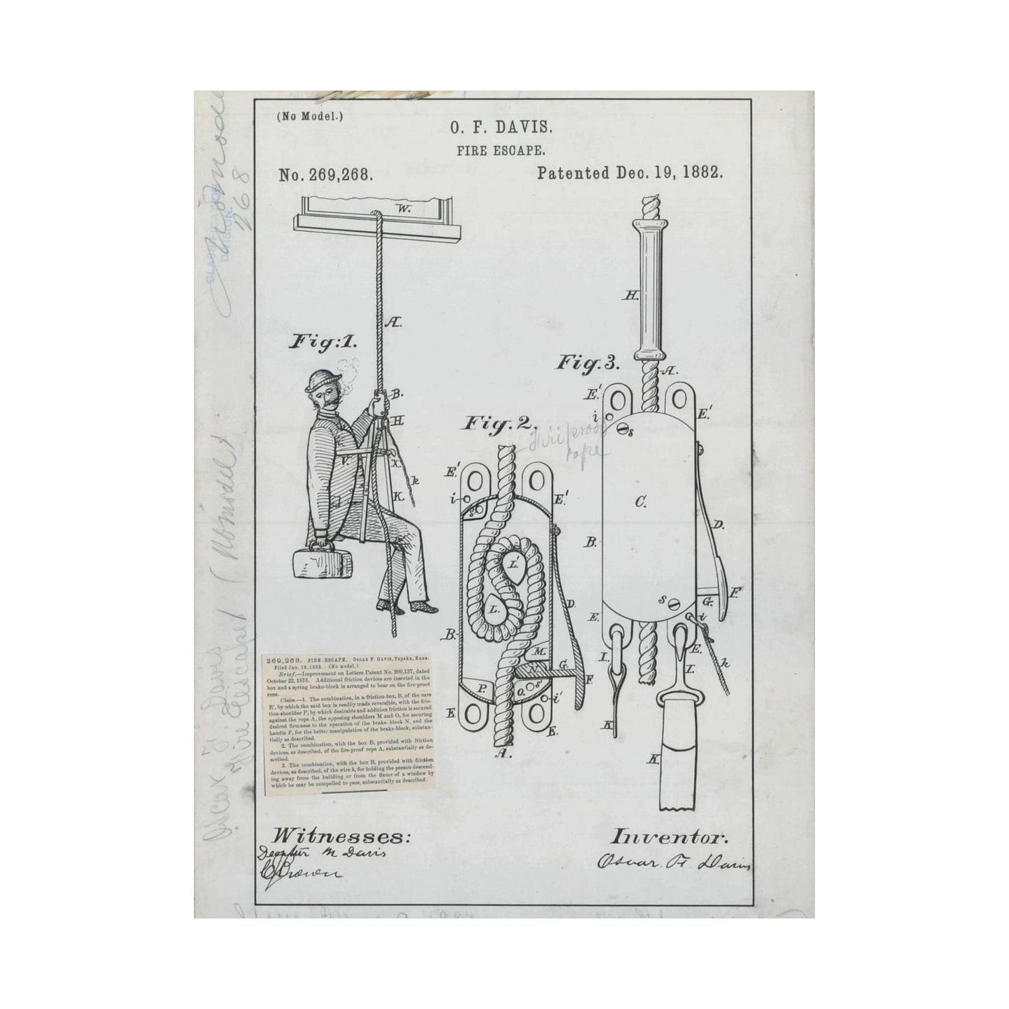 Patent Drawing of Engine - for O. F. Davis' Fire Escape Public domain image High Quality Matte Wall Art Poster for Home, Office, Classroom