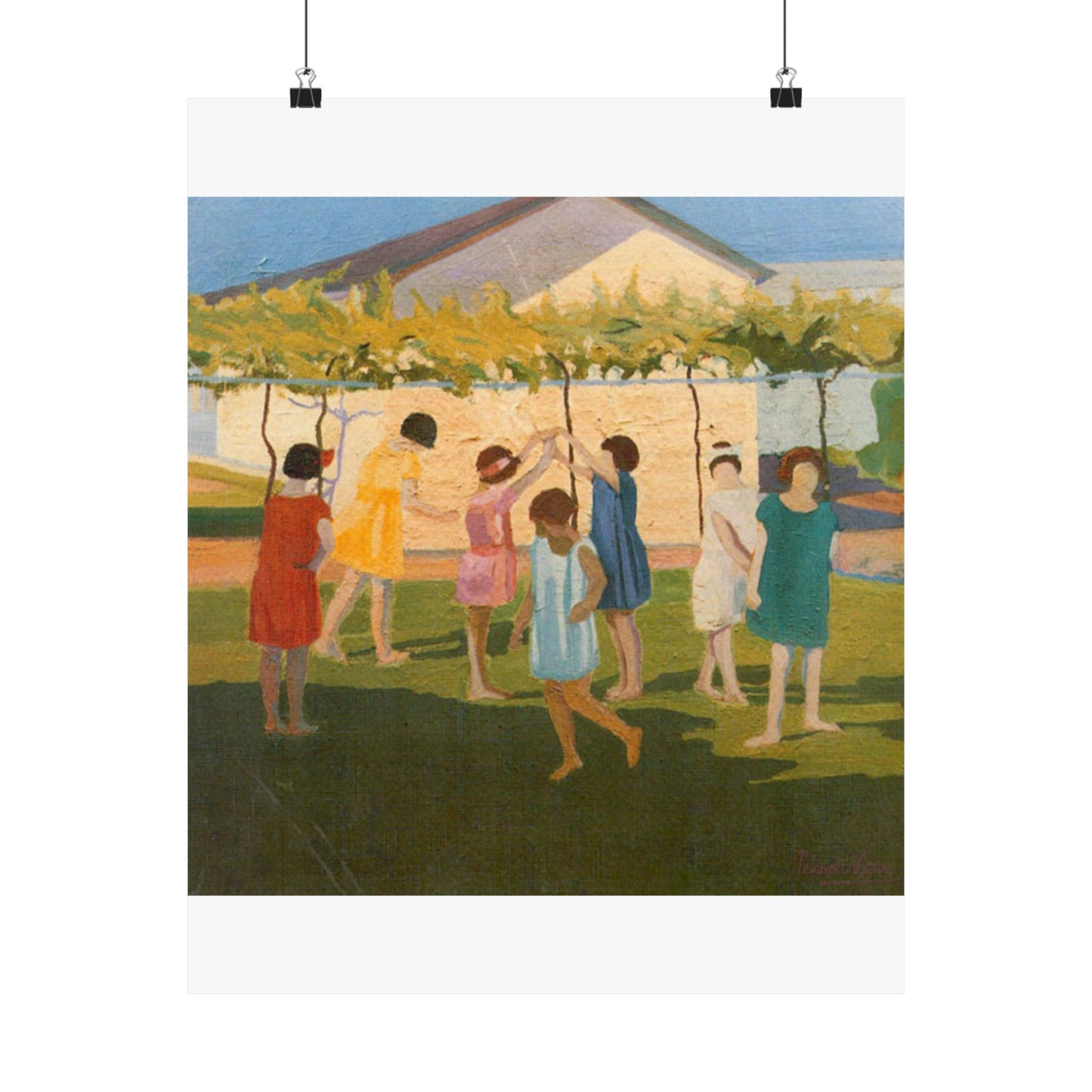 Petrona Viera - A painting of a group of children playing with a kite High Quality Matte Wall Art Poster for Home, Office, Classroom