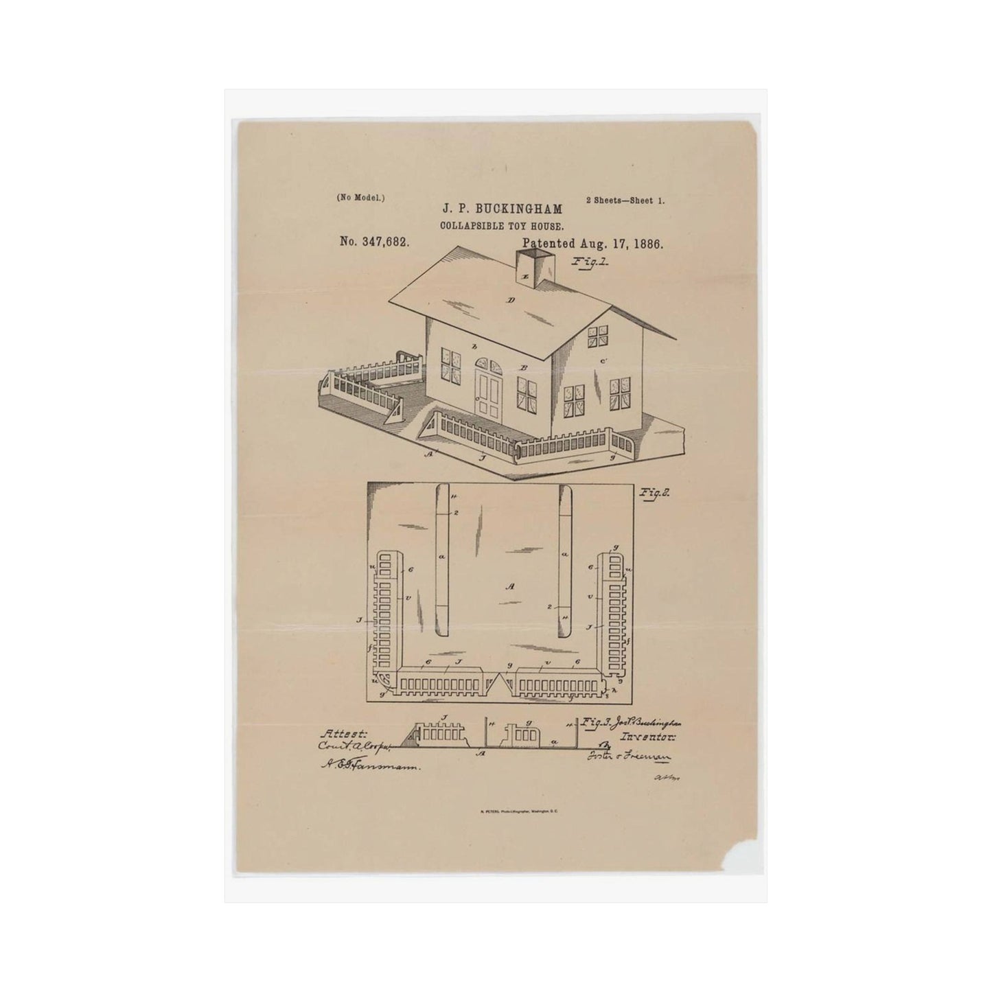 Patent Drawing of Engine - Drawing for a Collapsible Toy House Public domain image High Quality Matte Wall Art Poster for Home, Office, Classroom