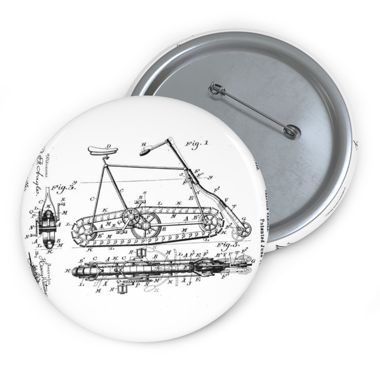 Patent drawing - Traction "Vehicle" (Bicycle Patent, 1895) Public domain image Pin Buttons with Crisp Design