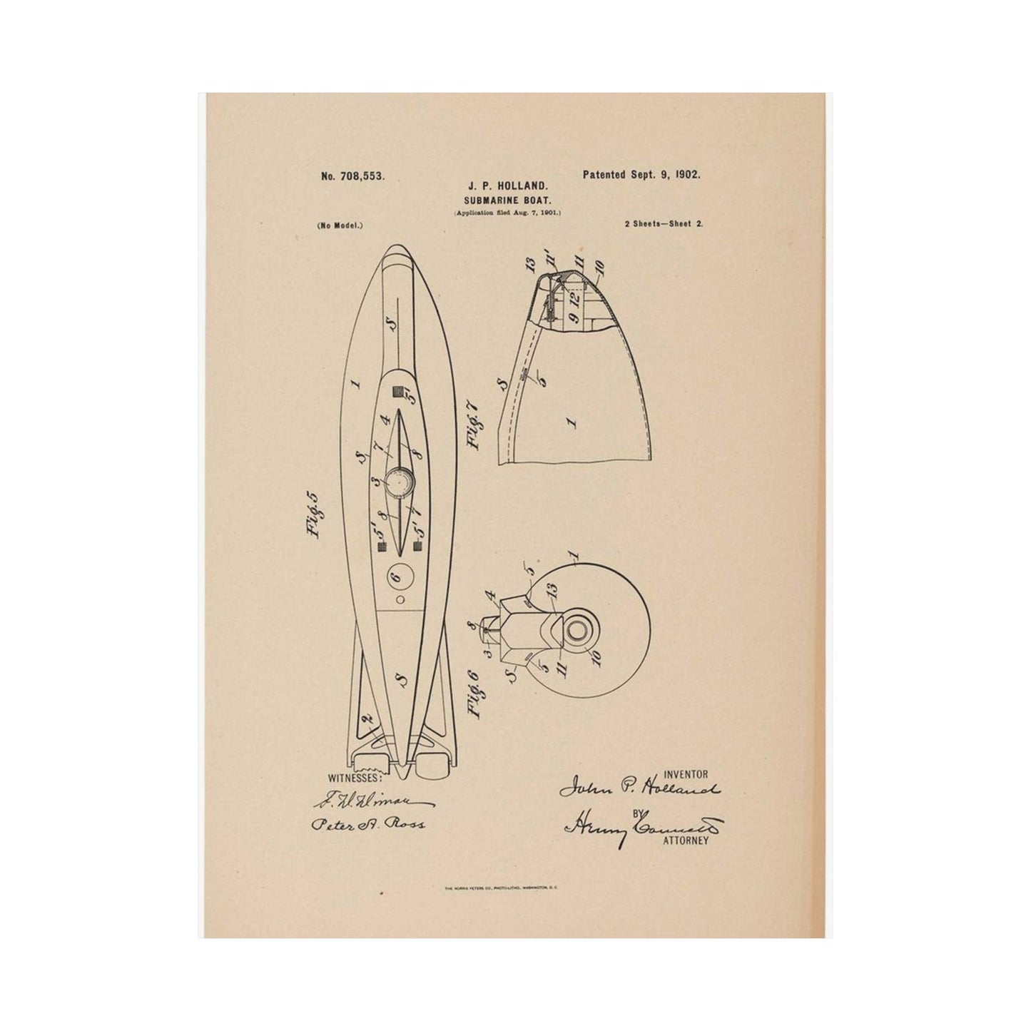 Patent drawing - Drawing for a Submarine Boat Public domain image High Quality Matte Wall Art Poster for Home, Office, Classroom