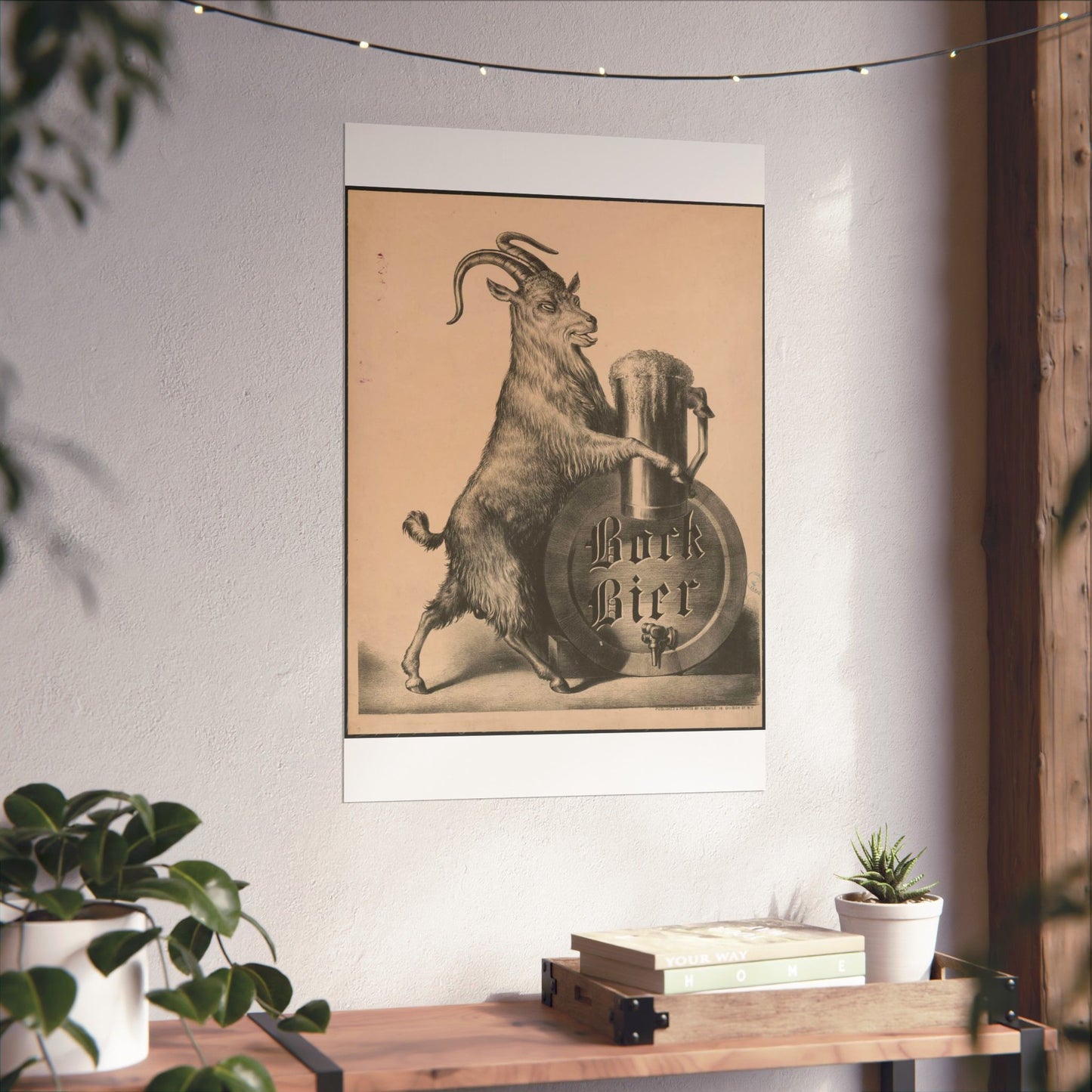 Bock Bier goat on hind legs, holding large mug of beer with front hooves High Quality Matte Wall Art Poster for Home, Office, Classroom