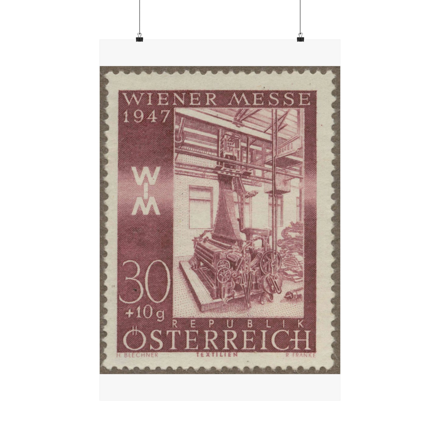 Frimärke ur Gösta Bodmans filatelistiska motivsamling, påbörjad 1950.Frimärke från Österrike, 1947. Motiv av jacquardvävstol i Österrike 1947. "Wienermässan 1947" High Quality Matte Wall Art Poster for Home, Office, Classroom