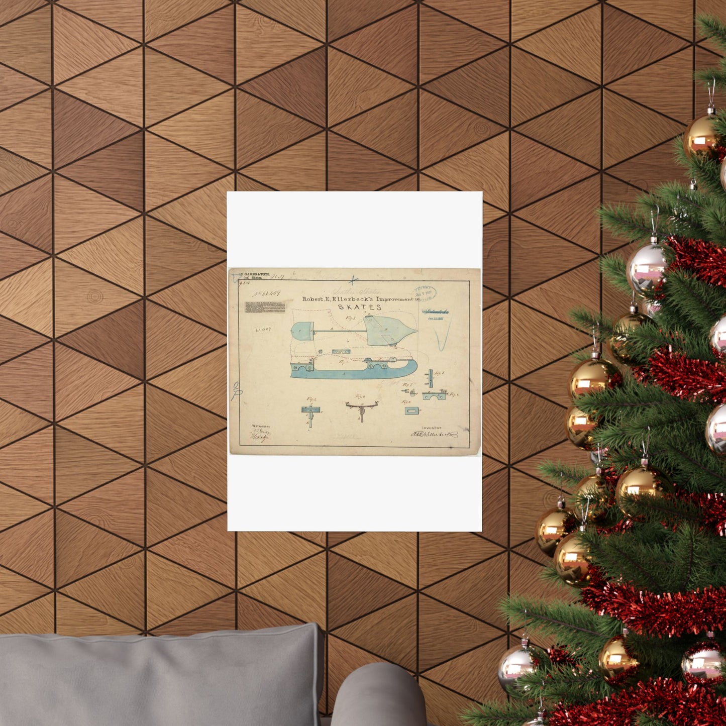 Patent drawing - Drawing of Improvement in Skates Public domain image High Quality Matte Wall Art Poster for Home, Office, Classroom