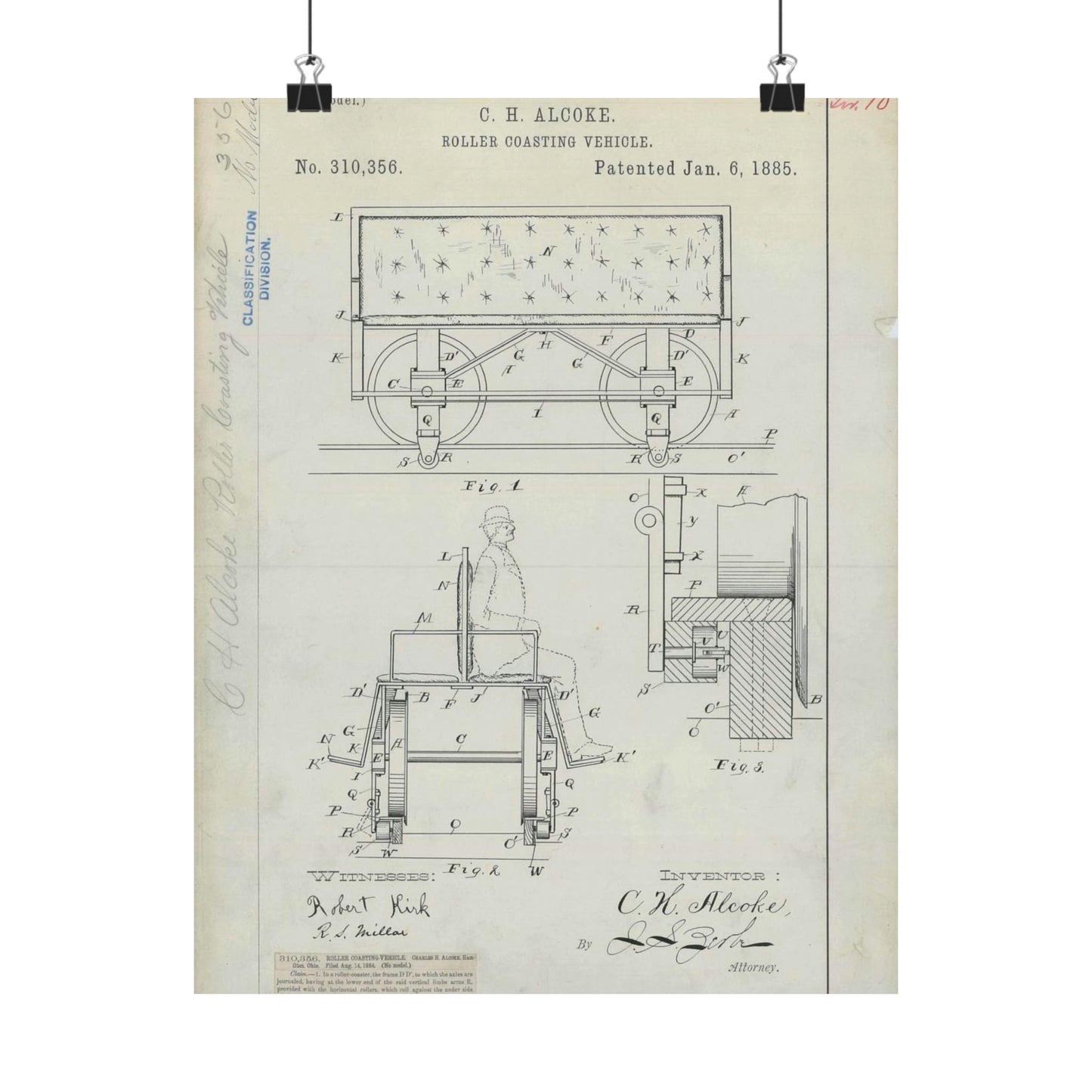 Patent Drawing of Engine - for C. H. Alcoke's Roller Coasting Vehicle Public domain image High Quality Matte Wall Art Poster for Home, Office, Classroom