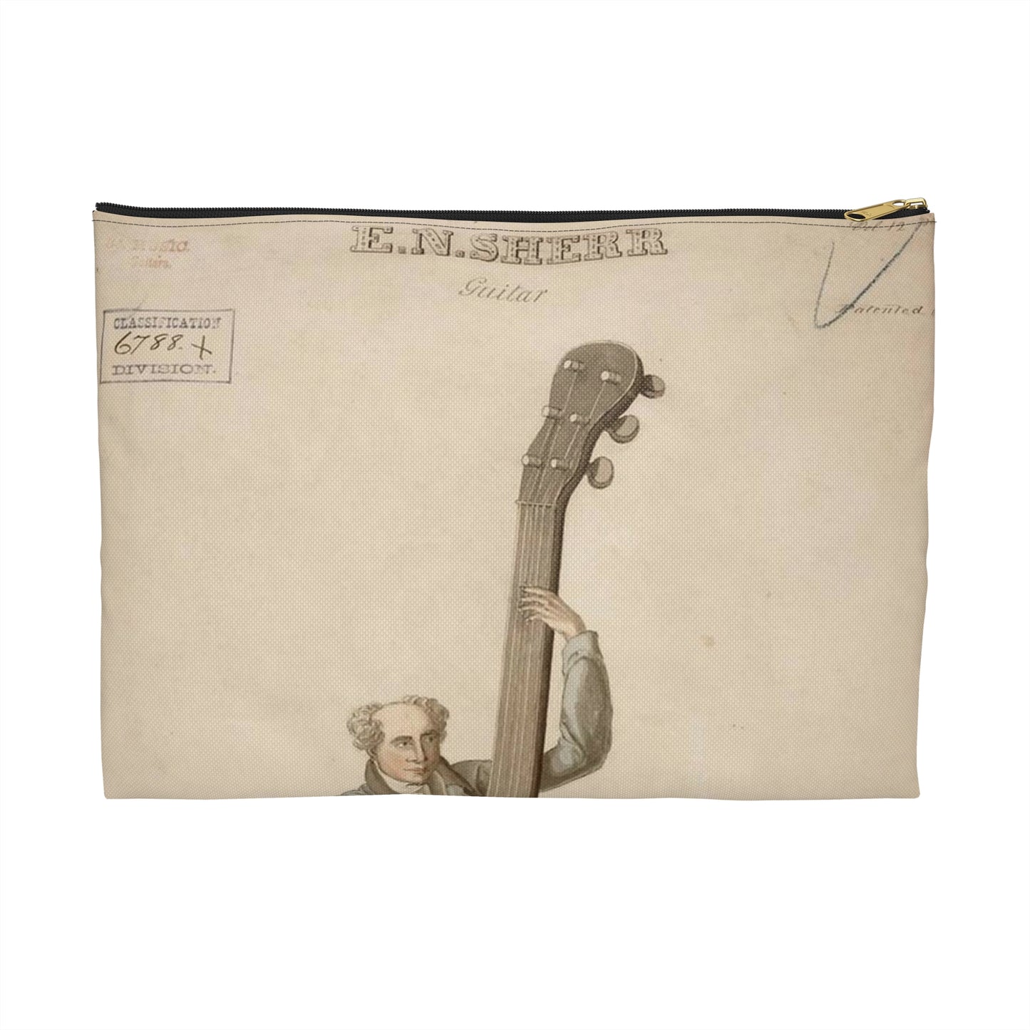 Patent drawing - Drawing of a Harp Guitar Public domain image Large Organizer Pouch with Black Zipper
