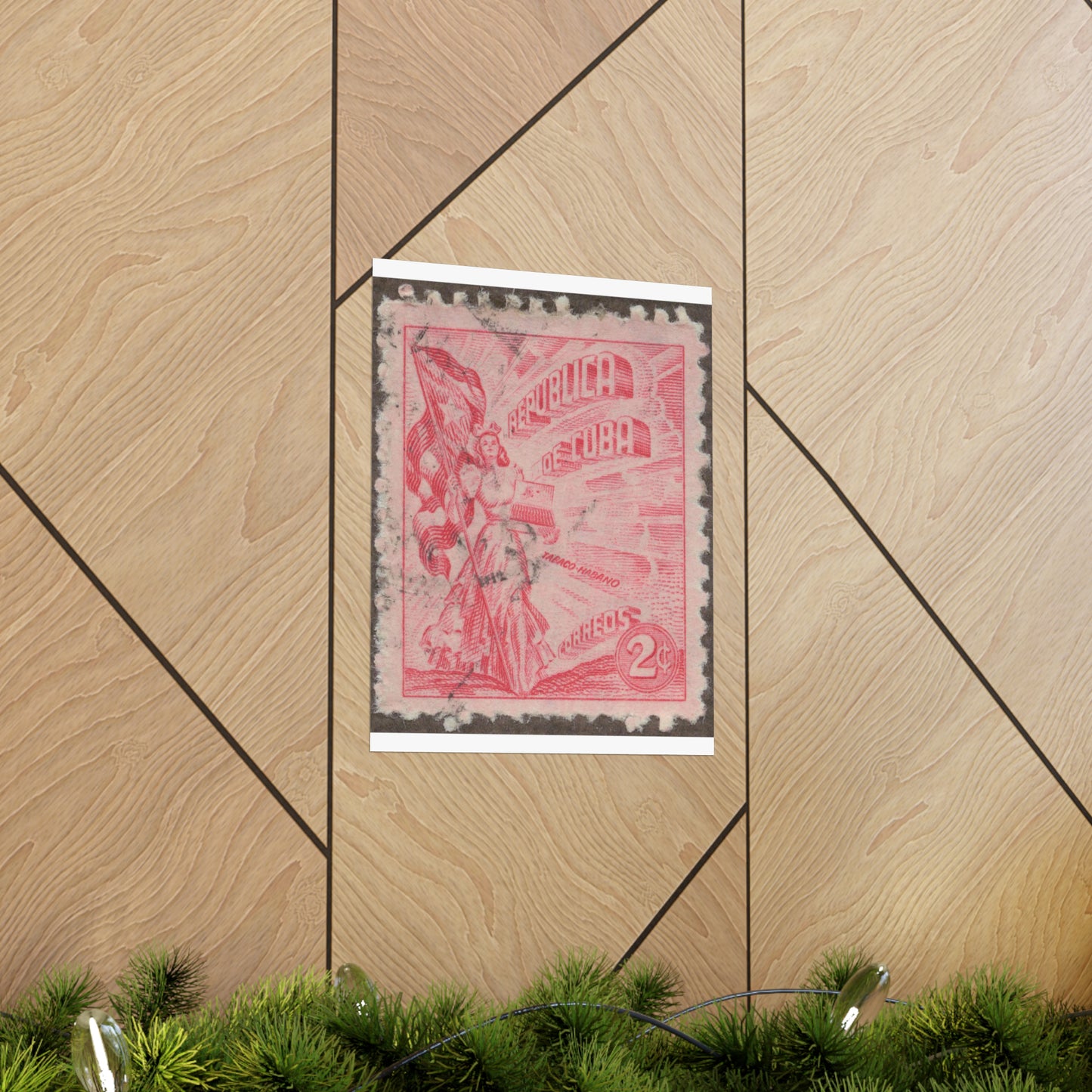Frimärke ur Gösta Bodmans filatelistiska motivsamling, påbörjad 1950.Frimärke från Cuba, 1948. Motiv av kvinnosymbol för friheten med cigrarrlåda och flagga. High Quality Matte Wall Art Poster for Home, Office, Classroom