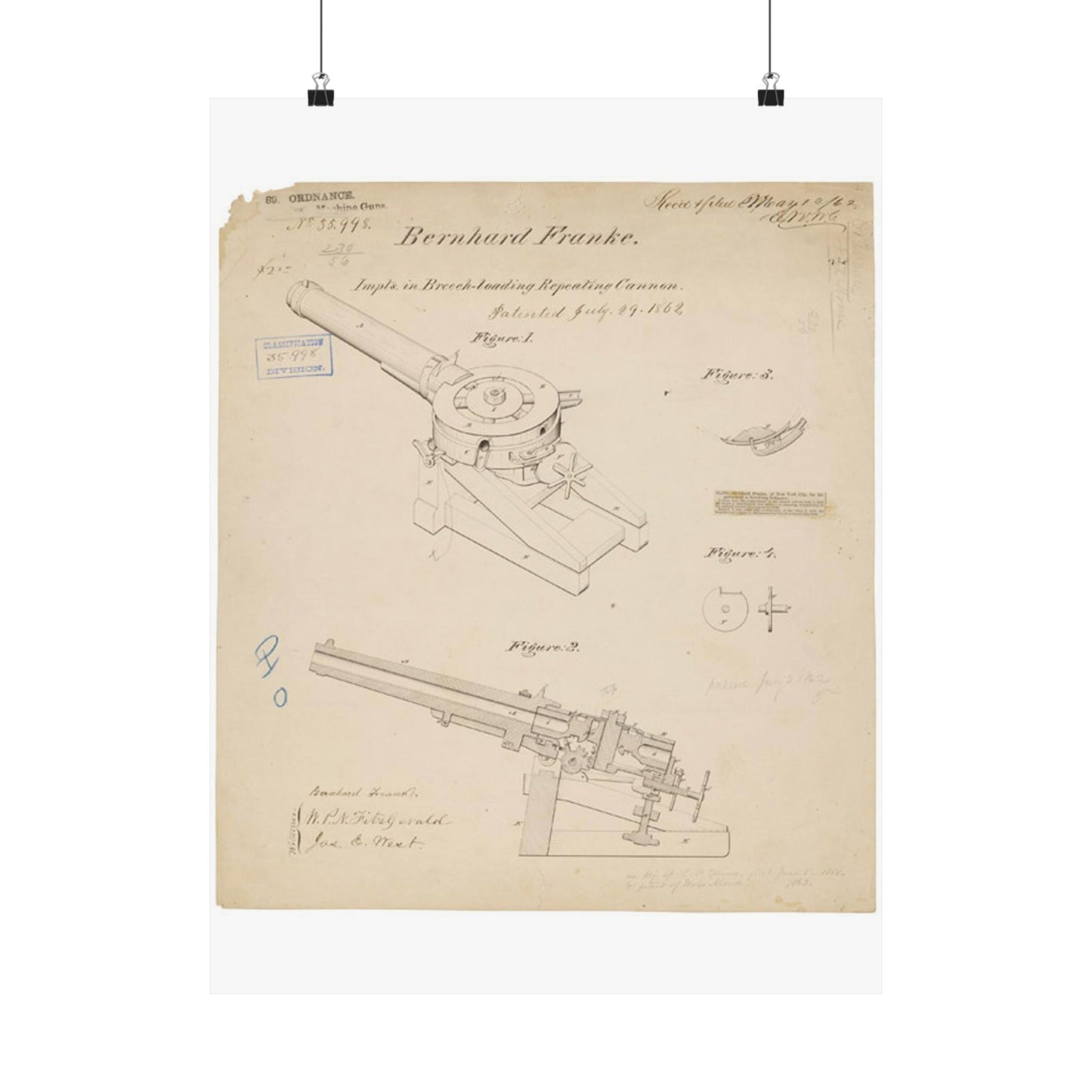 Patent drawing - Drawing of Improvements in Breech-Loading Repeating Cannon Public domain image High Quality Matte Wall Art Poster for Home, Office, Classroom