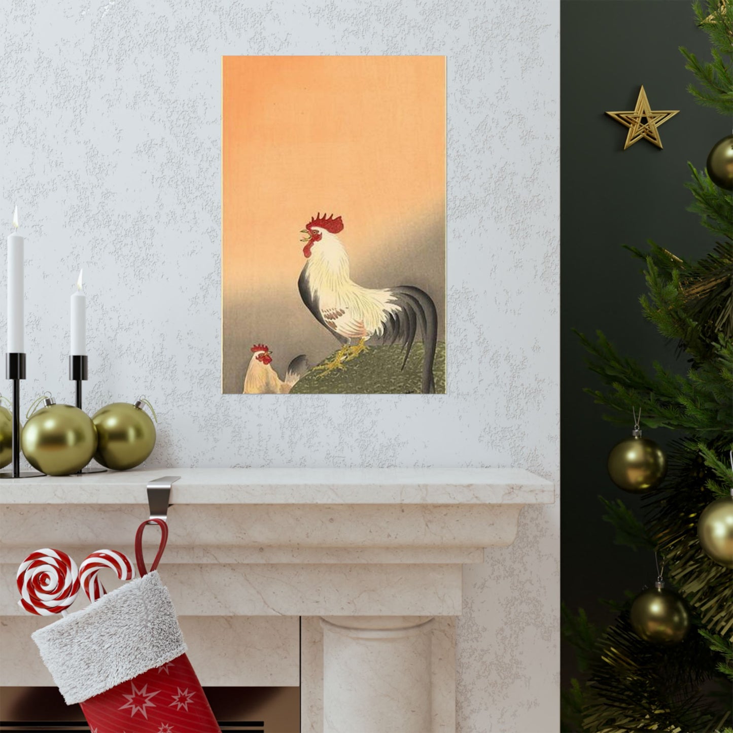 Koson - rooster-and-hen-at-sunrise, Ohara Koson High Quality Matte Wall Art Poster for Home, Office, Classroom