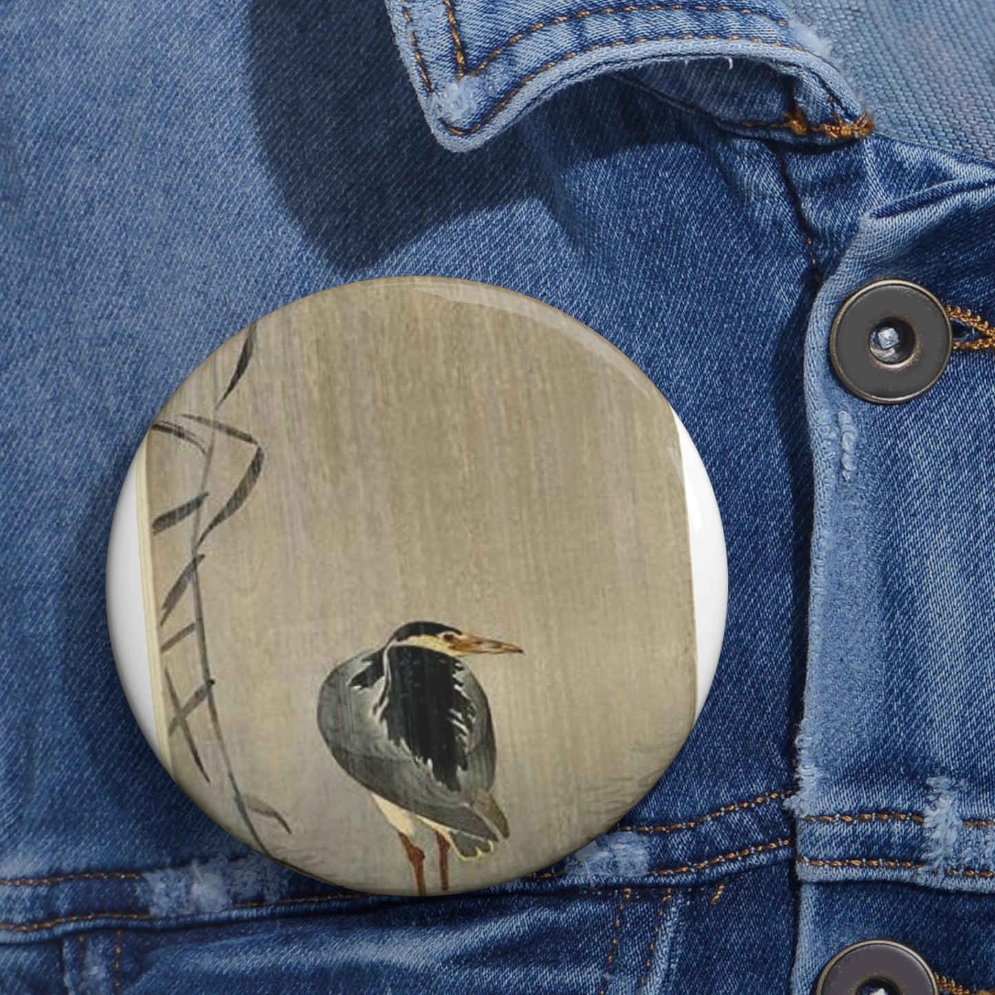 Koson - heron-in-downpour, Ohara Koson Pin Buttons with Crisp Design