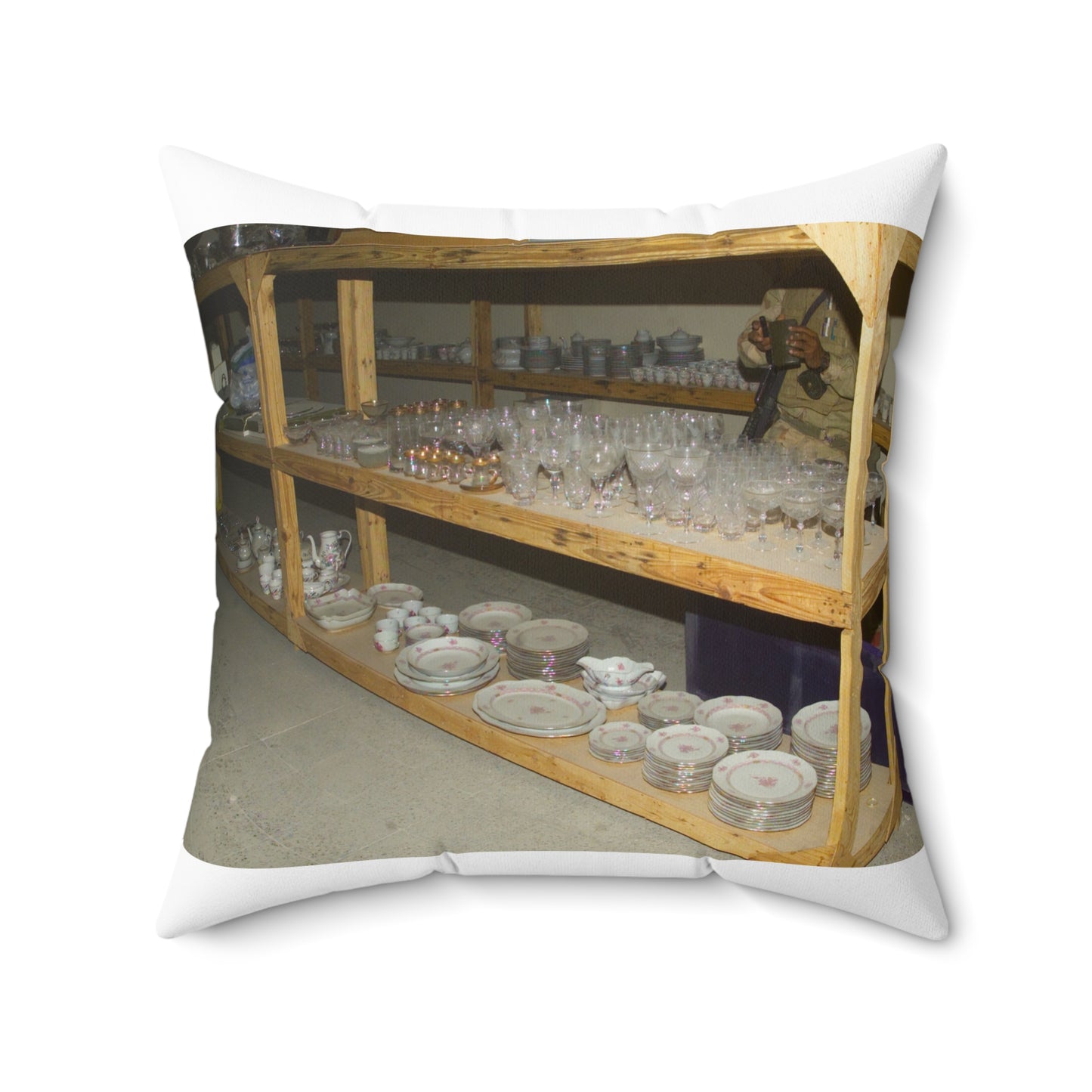 Various sets of crystal and chinaware found in the basement, in one of Saddam Hussein's palaces in Baghdad during Operation IRAQI FREEDOM Decorative Accent Square Pillow