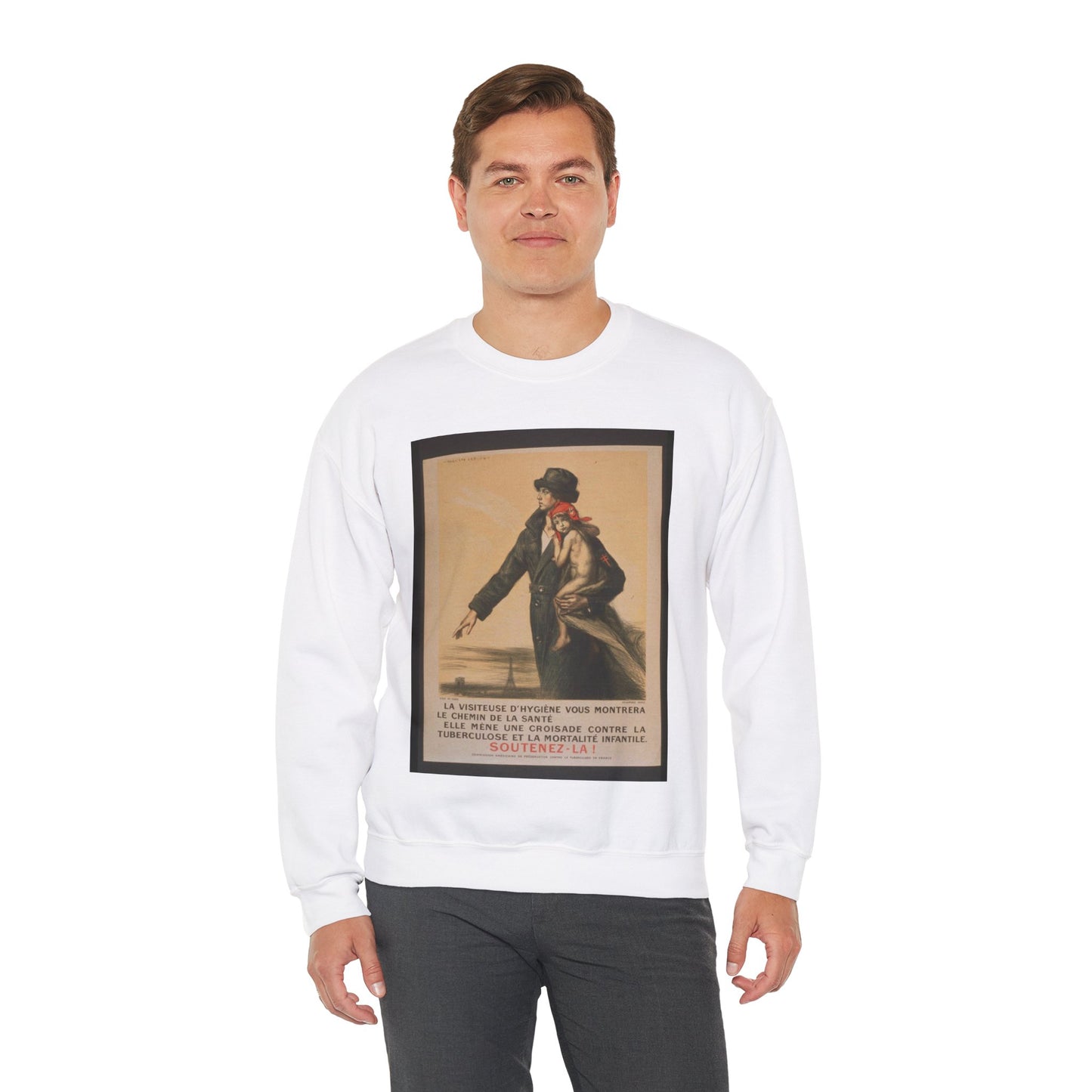 La visiteuse d'hygiéne vous montrera le chemin de la santé. Elle mène une croisade contre la tuberculose et la mortalité infantile. Soutenez-la! White Heavy Blend Adult Crew Neck SweatShirt