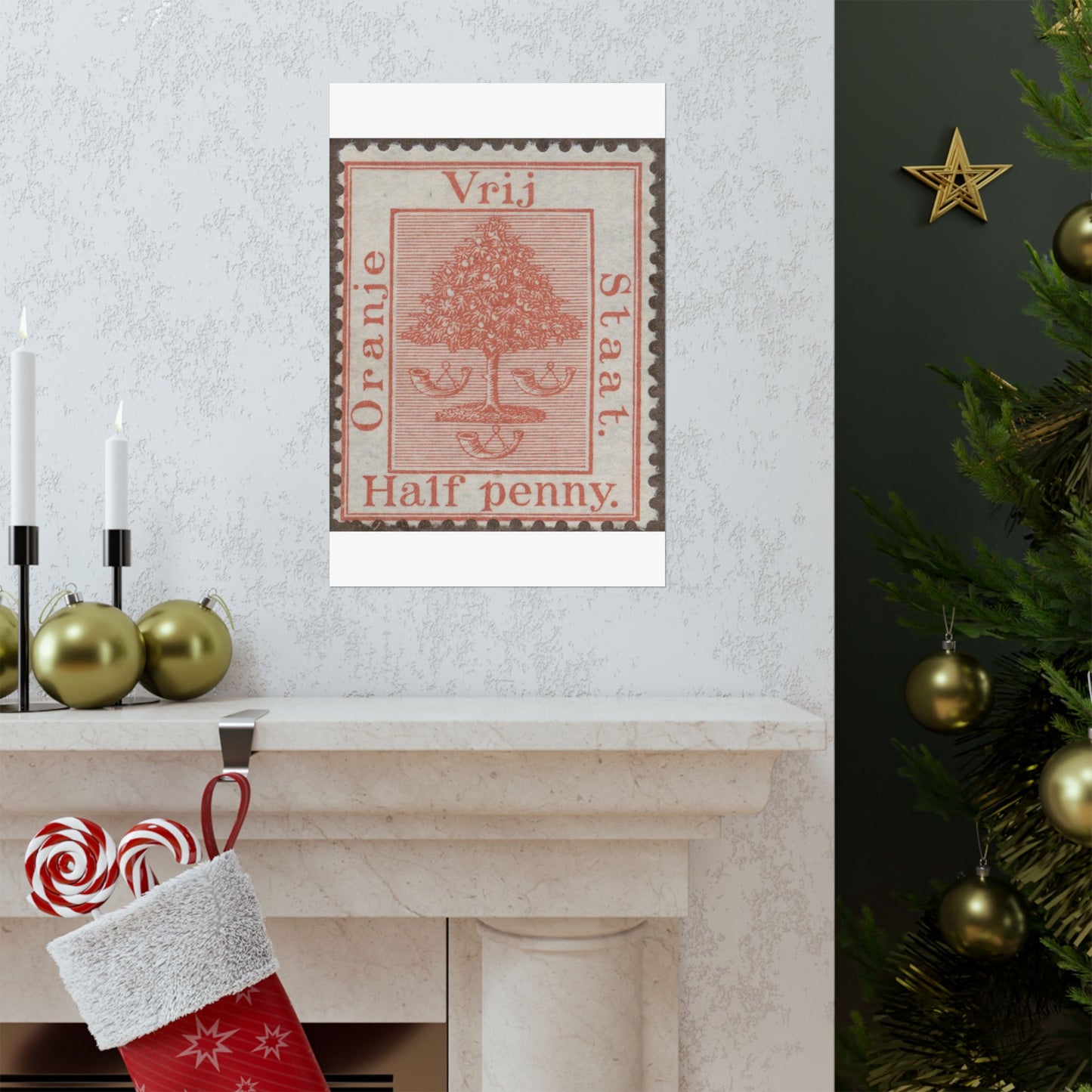 Frimärke ur Gösta Bodmans filatelistiska motivsamling, påbörjad 1950.Frimärke från Oranje -Fristaten. Motiv av apelsinträd med frukter och posthorn. High Quality Matte Wall Art Poster for Home, Office, Classroom