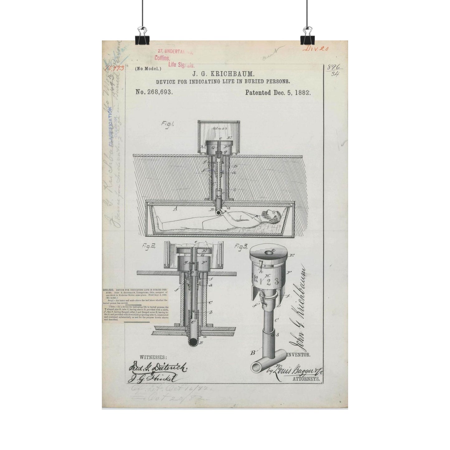 Patent drawing - for J. G. Krichbaum's Device for Indicating Life in Buried Persons Public domain image High Quality Matte Wall Art Poster for Home, Office, Classroom