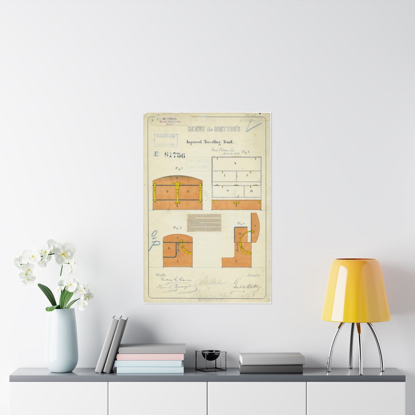 Patent drawing - Drawing of an Improved Traveling Trunk Public domain image High Quality Matte Wall Art Poster for Home, Office, Classroom