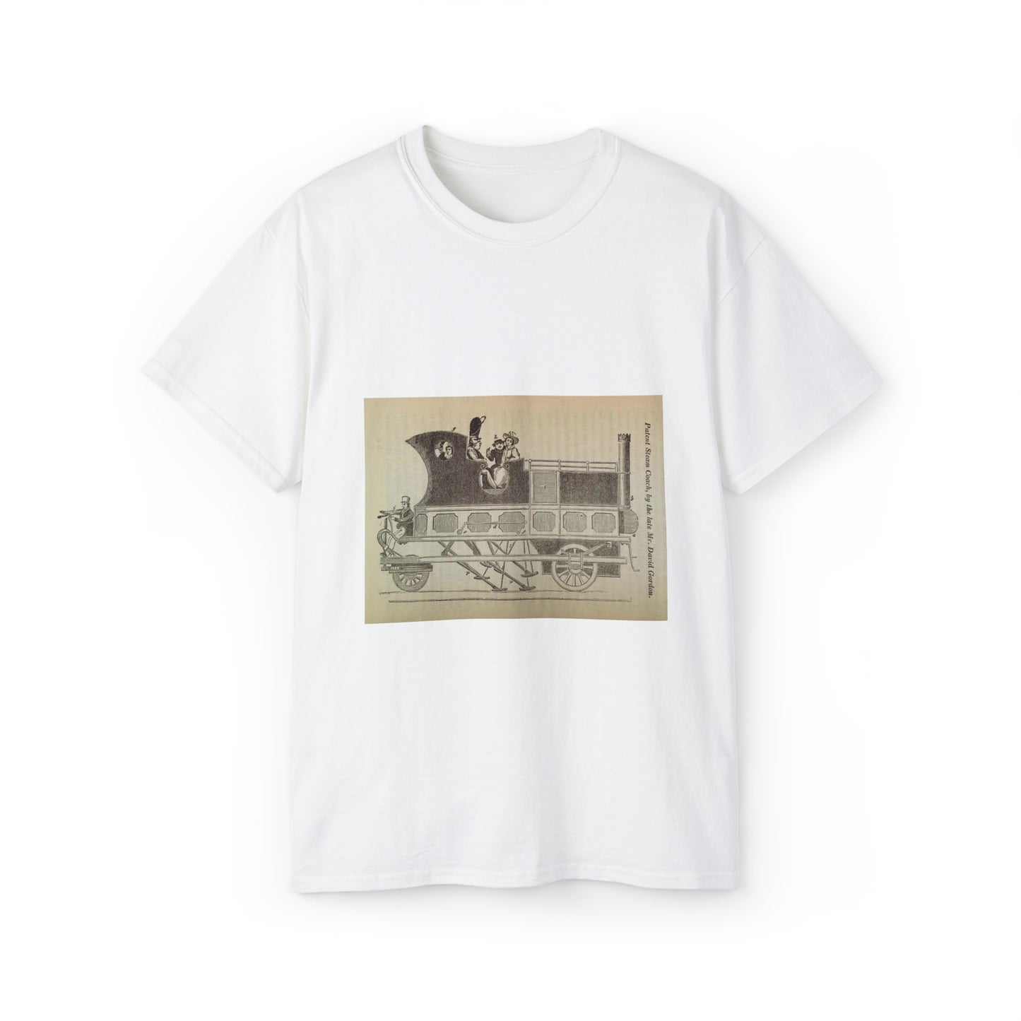 Patent Drawing of Engine - Patent steam coach, by the late Mr. David Gordon Public domain image White T-Shirt Gildan 2000 Cotton Unisex