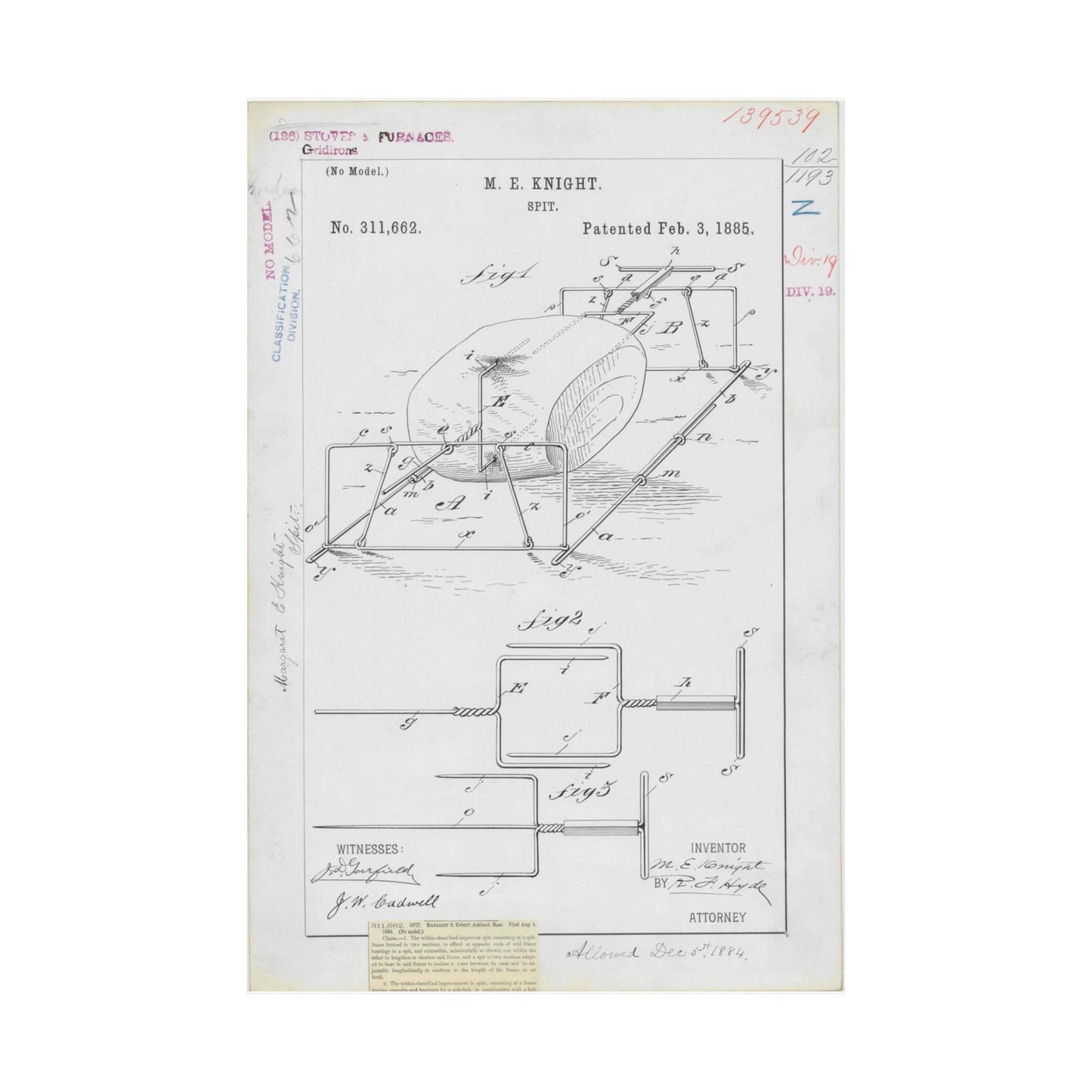 Patent drawing - for M. E. Knight's Spit Public domain image High Quality Matte Wall Art Poster for Home, Office, Classroom