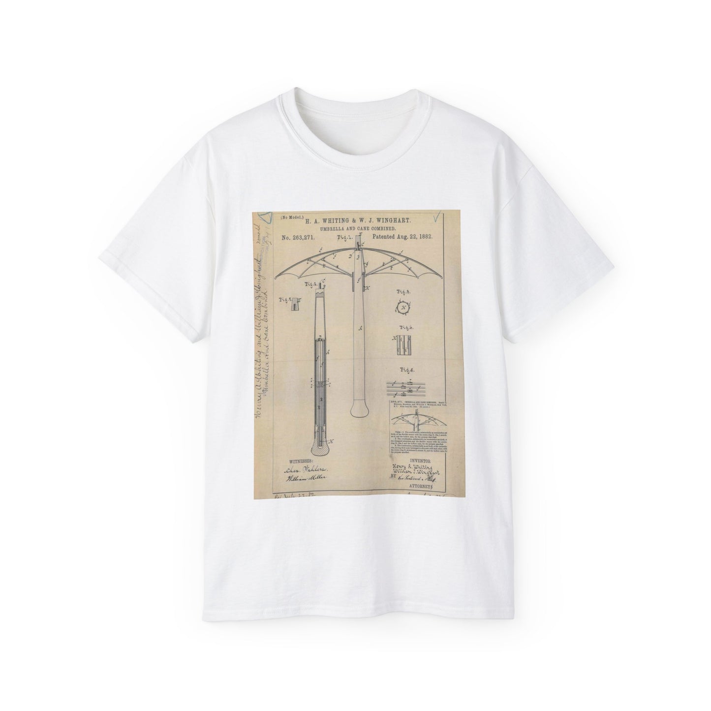 Patent drawing - for H. A. Whiting and W. J. Winghart's Umbrella and Cane Combined Public domain image White T-Shirt Gildan 2000 Cotton Unisex
