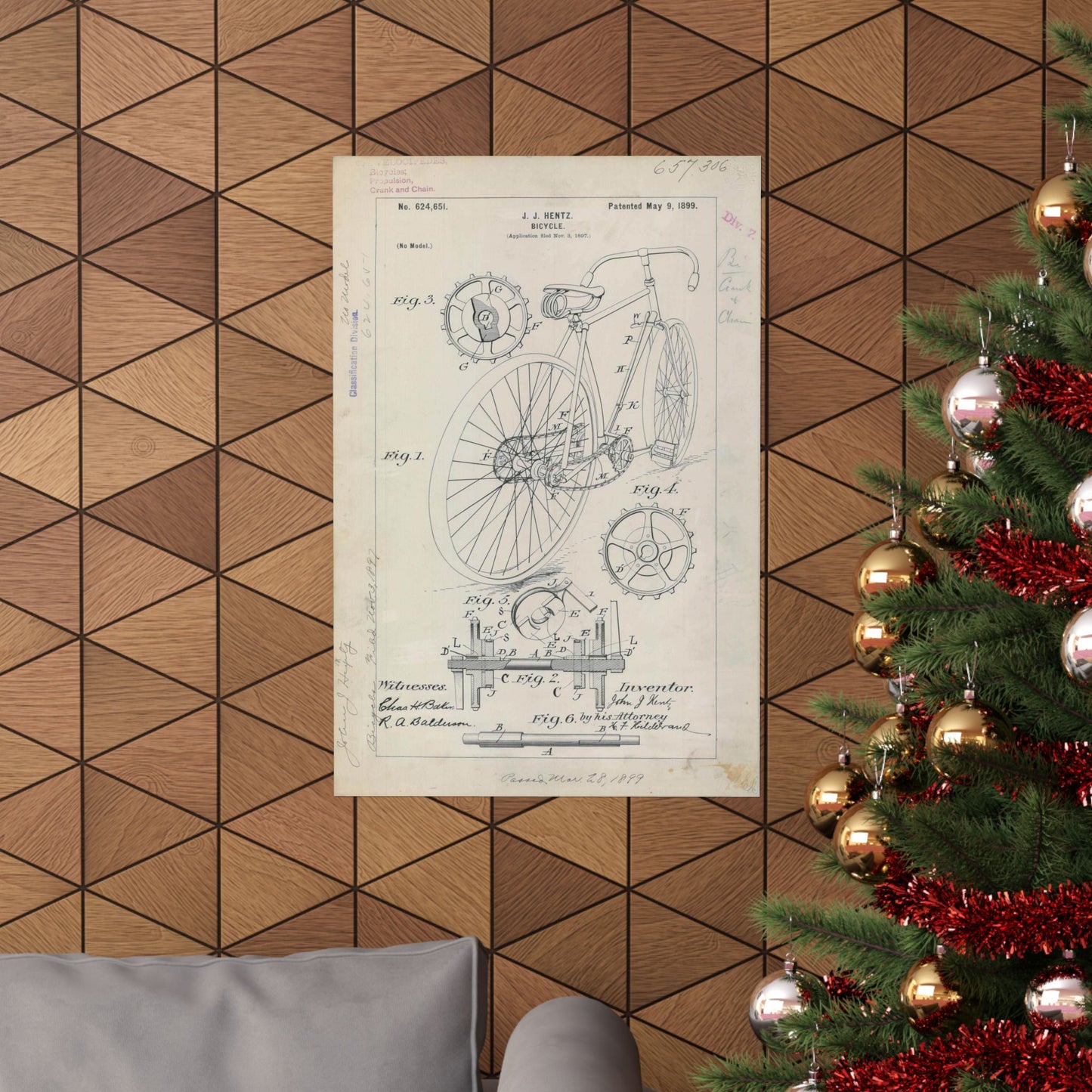Patent drawing - for J. J. Hentz' Bicycle Public domain image High Quality Matte Wall Art Poster for Home, Office, Classroom