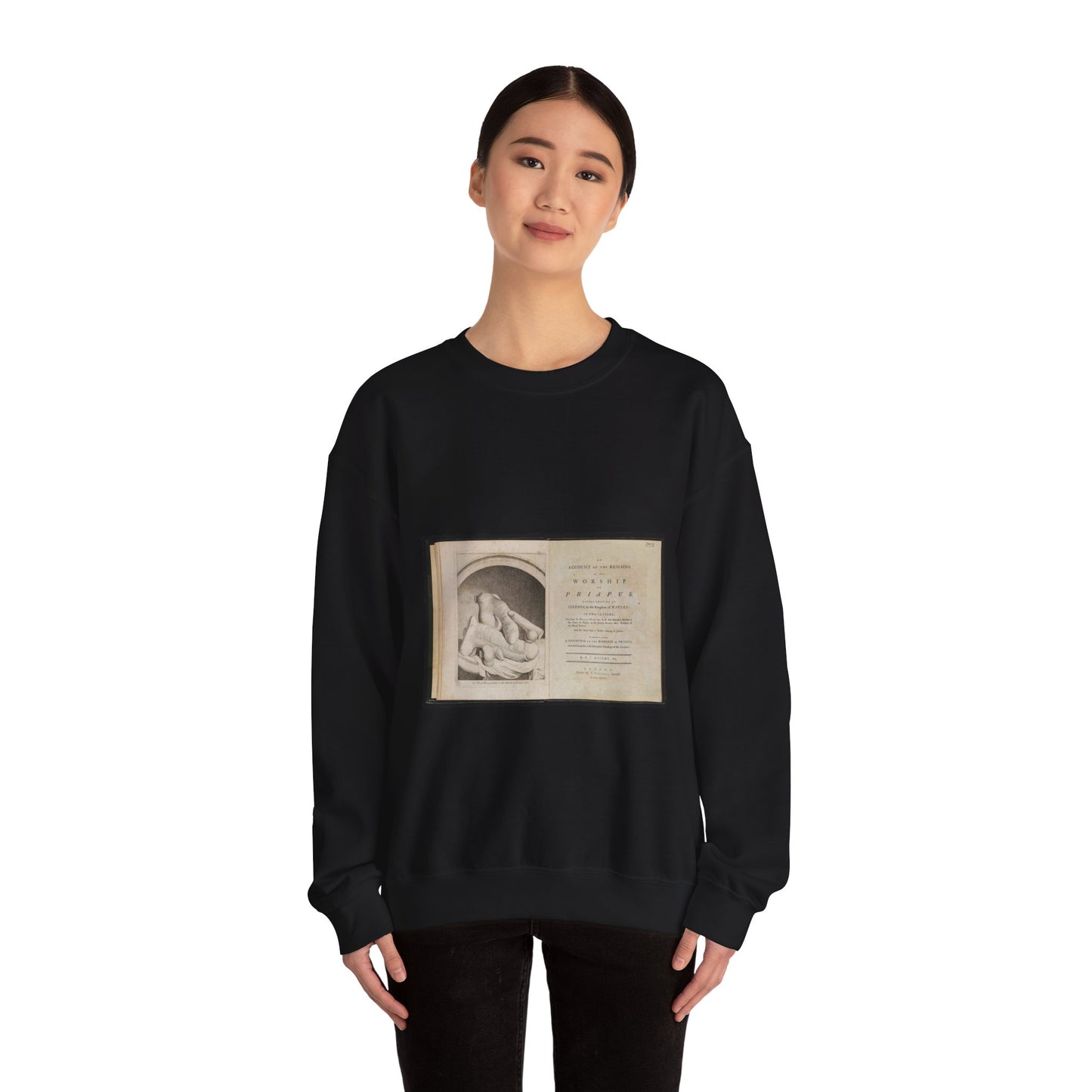 Priapworship - An old book with a drawing of a woman holding a baby Black Heavy Blend Adult Crew Neck SweatShirt
