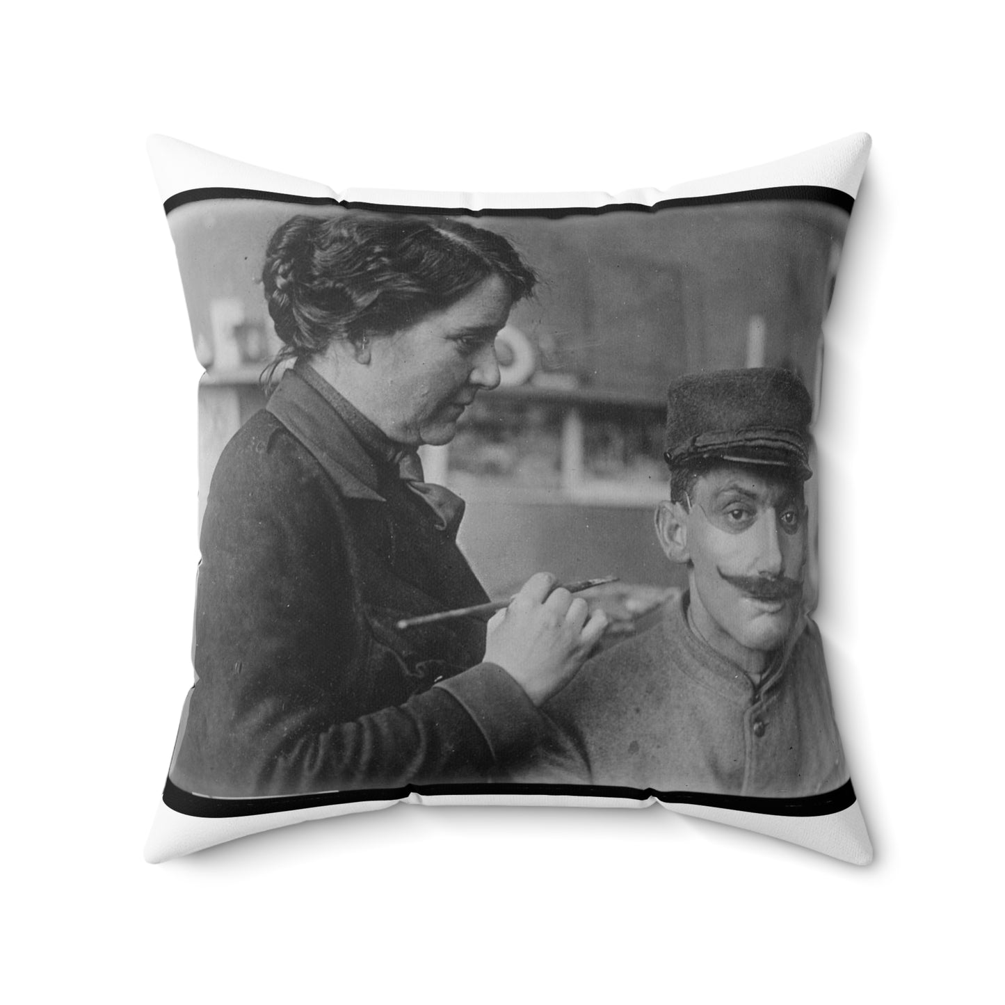 Mrs. Anna Coleman Ladd and Mr Caudron. Mrs. A. Coleman Ladd working on portrait mask Decorative Accent Square Pillow