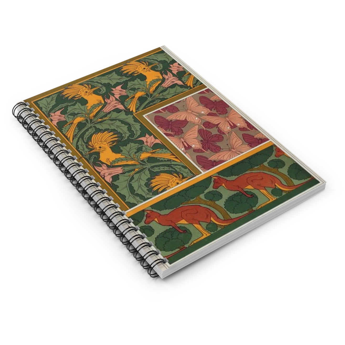 Huppes et stramoine, bordure. Papillons, étoffe de soie. Kangourou et arbres, bordure. Spiral Bound Ruled Notebook with Printed Cover