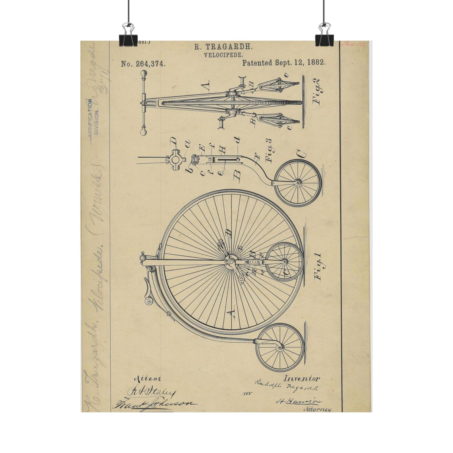 Patent drawing - Drawing of a Velocipede Public domain image High Quality Matte Wall Art Poster for Home, Office, Classroom