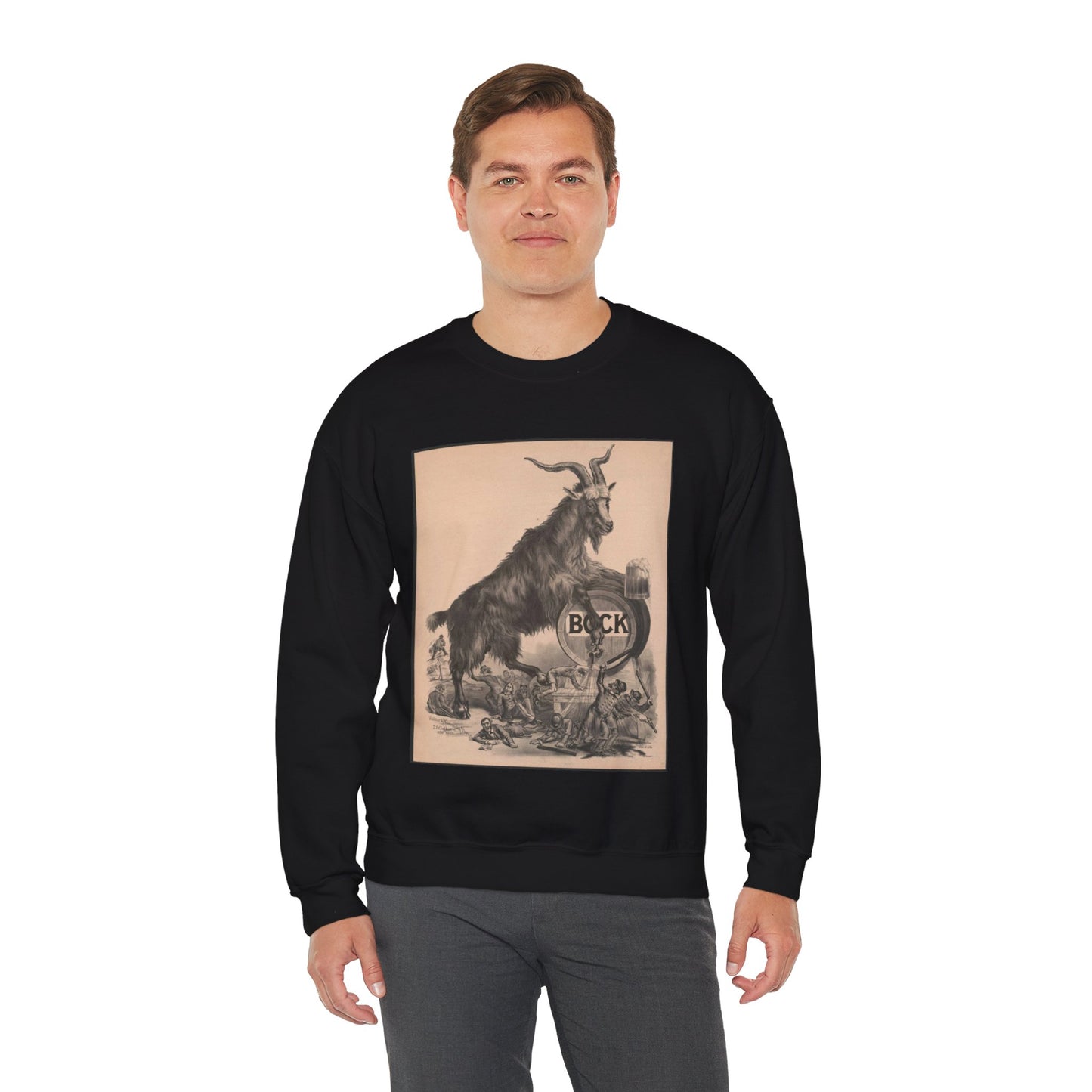 Giant bock goat resting on a keg, holding a mug of beer, men under the goat scrambling Black Heavy Blend Adult Crew Neck SweatShirt
