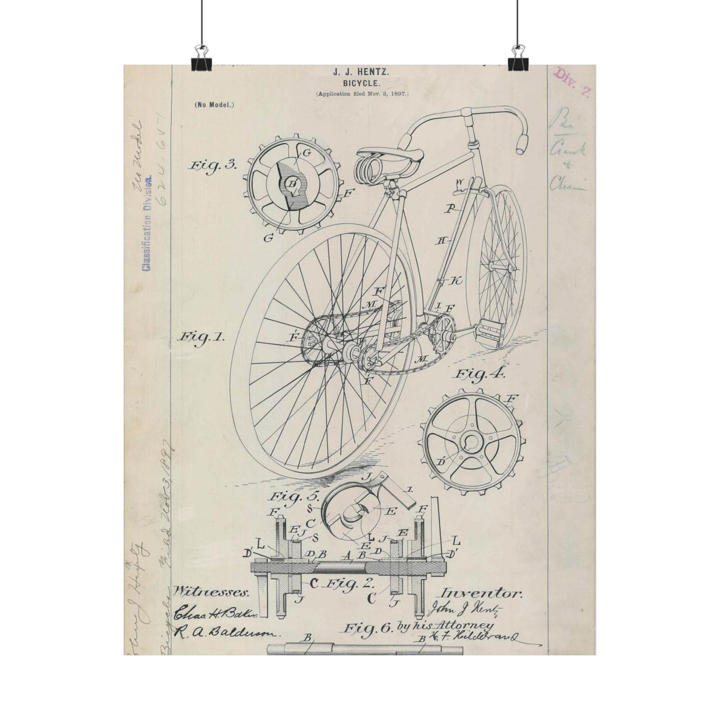 Patent drawing - for J. J. Hentz' Bicycle Public domain image High Quality Matte Wall Art Poster for Home, Office, Classroom