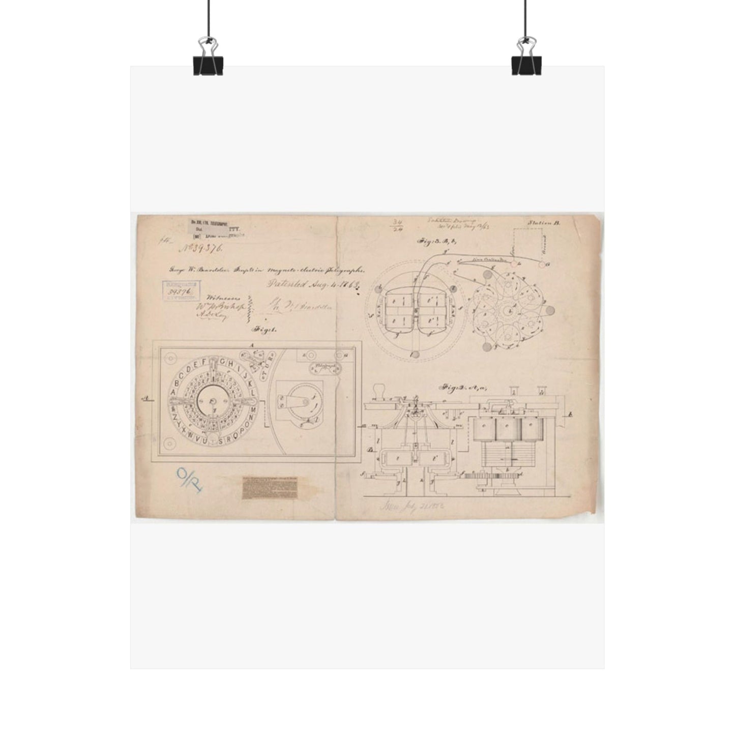 Patent drawing - Drawing of Improvements in Magneto-electric Telegraphs Public domain image High Quality Matte Wall Art Poster for Home, Office, Classroom