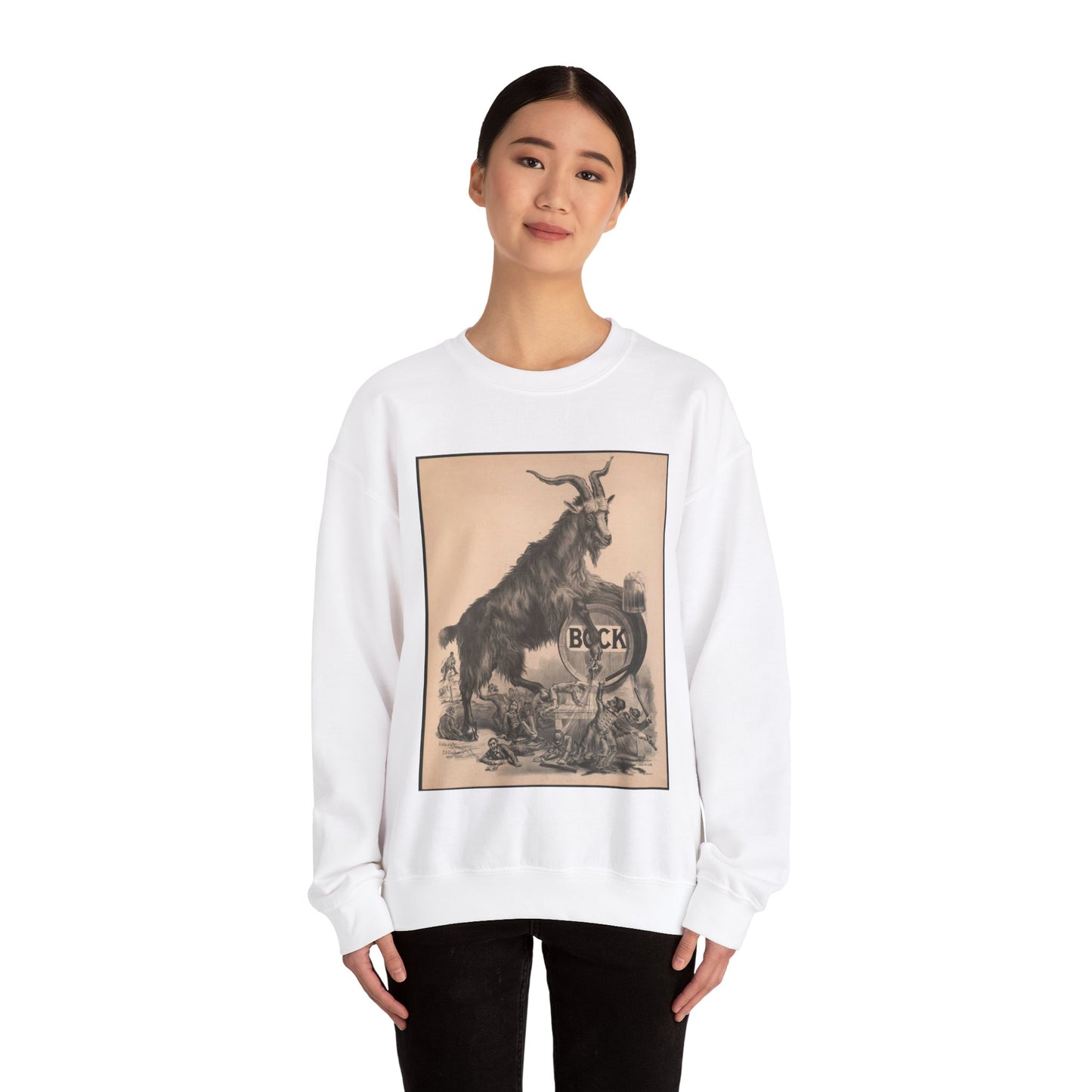 Giant bock goat resting on a keg, holding a mug of beer, men under the goat scrambling White Heavy Blend Adult Crew Neck SweatShirt