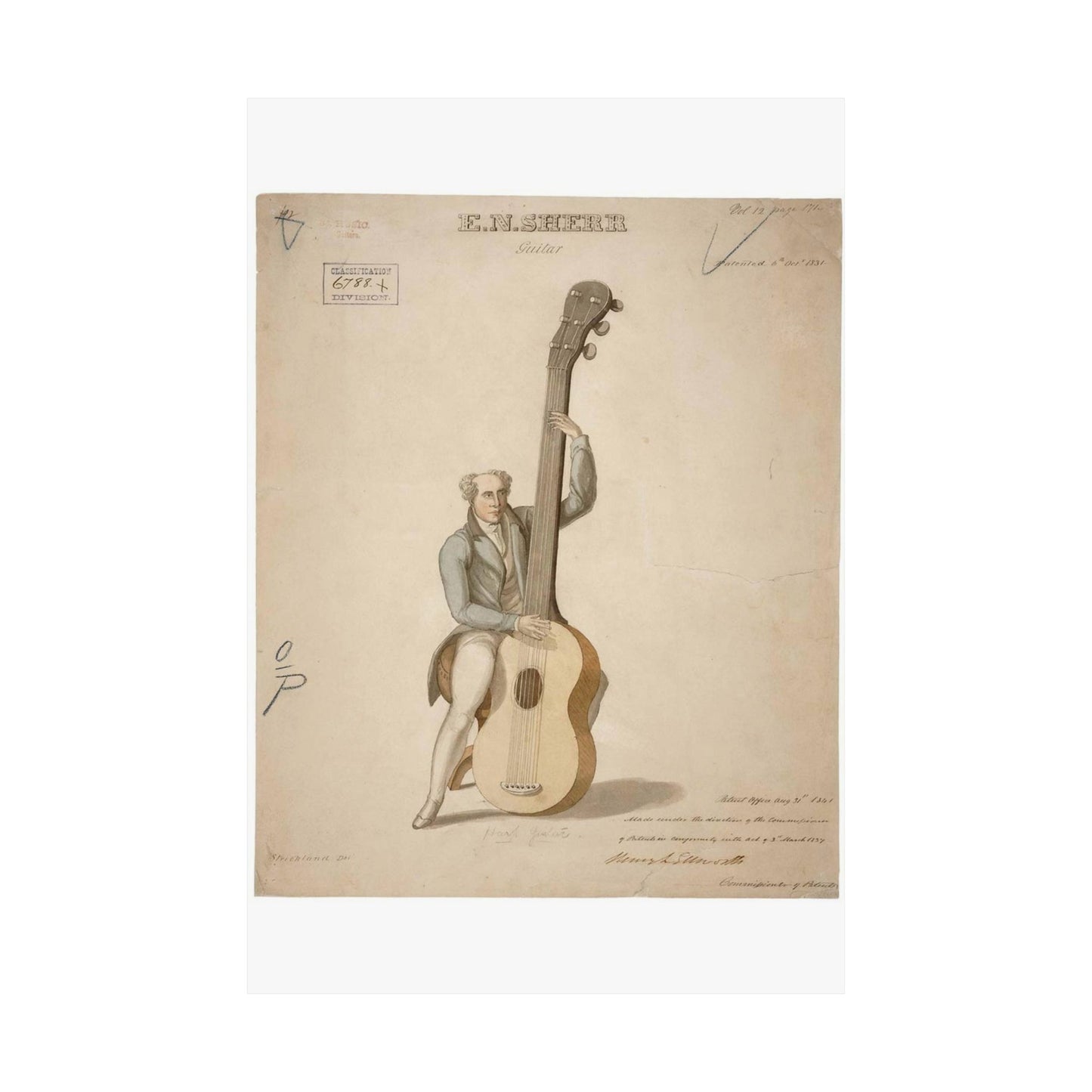 Patent drawing - Drawing of a Harp Guitar Public domain image High Quality Matte Wall Art Poster for Home, Office, Classroom