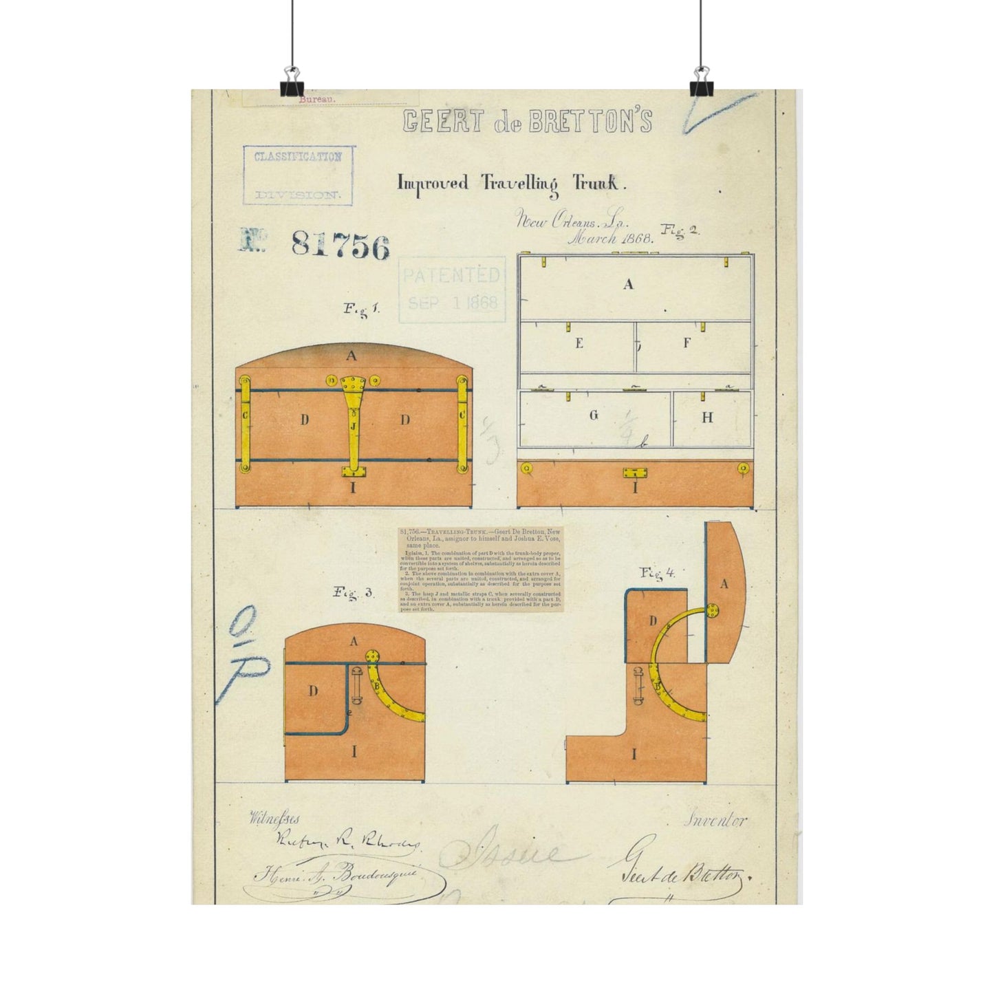 Patent drawing - Drawing of an Improved Traveling Trunk Public domain image High Quality Matte Wall Art Poster for Home, Office, Classroom