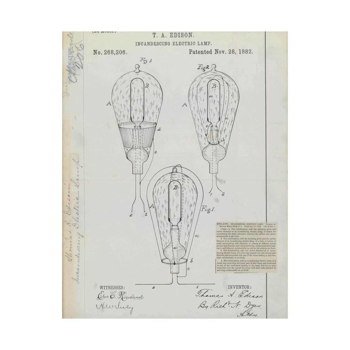 Patent drawing - for T. A. Edison's Incandescing Electric Lamp Public domain image High Quality Matte Wall Art Poster for Home, Office, Classroom