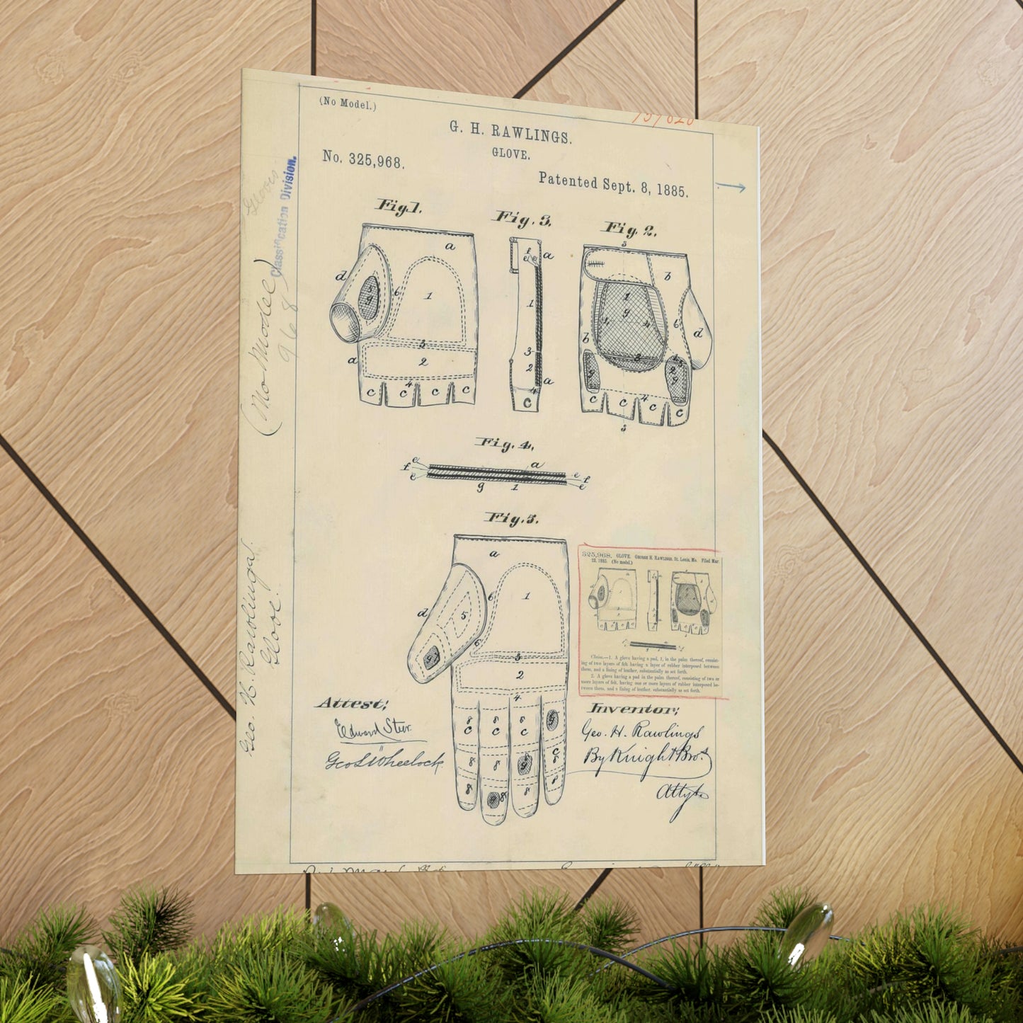 Patent drawing - Drawing for a "Base Ball Glove" Public domain image High Quality Matte Wall Art Poster for Home, Office, Classroom