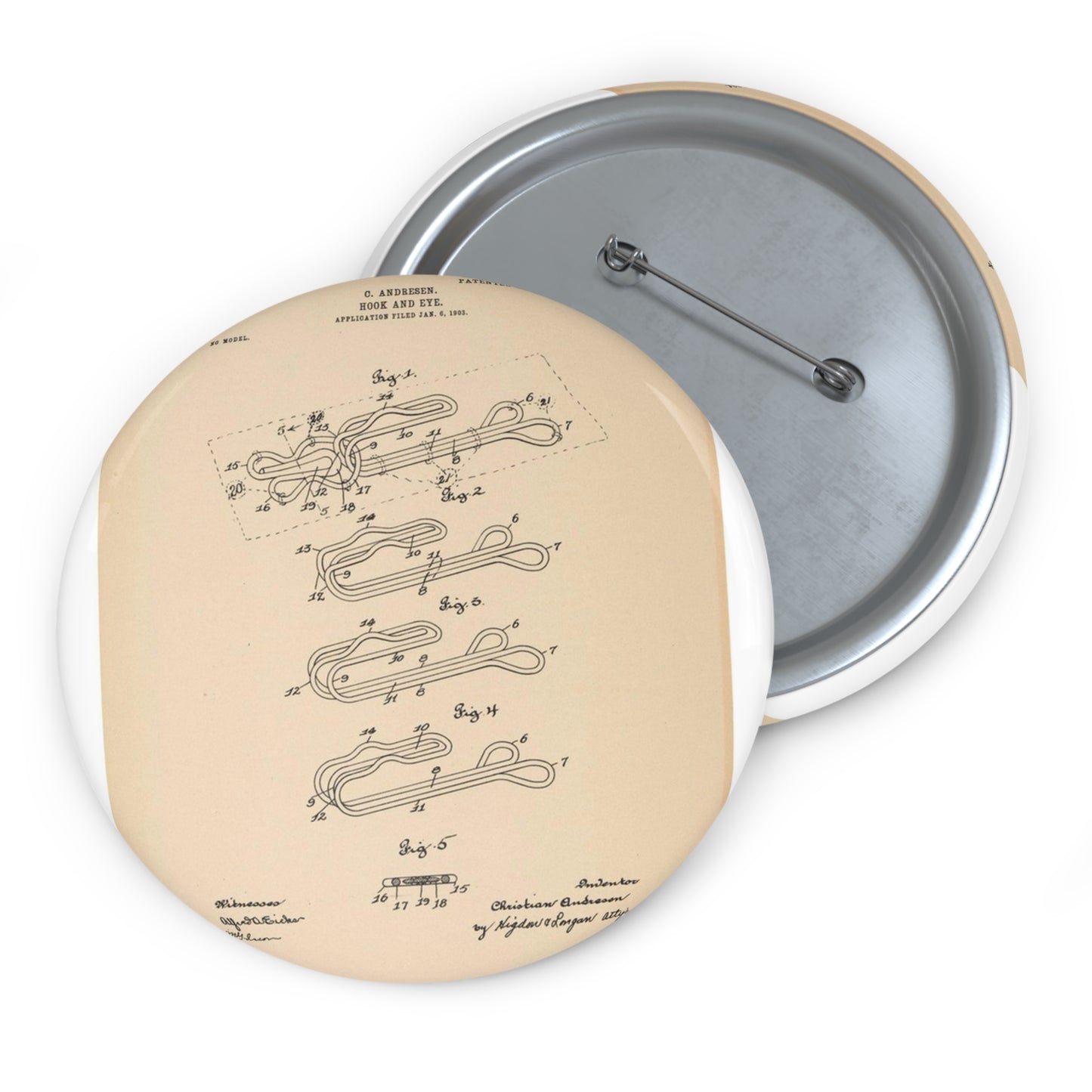 Patent drawing - for a Hook and Eye Fastener Public domain image Pin Buttons with Crisp Design