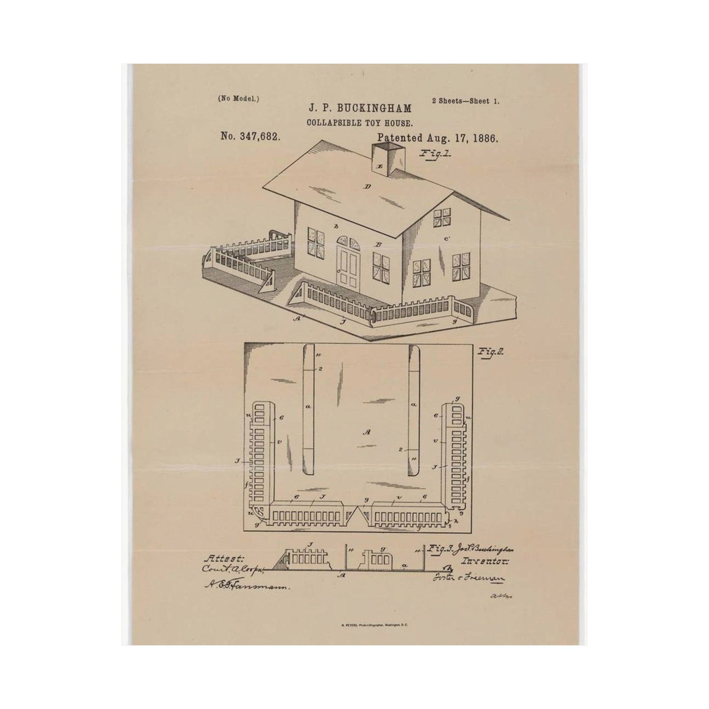 Patent Drawing of Engine - Drawing for a Collapsible Toy House Public domain image High Quality Matte Wall Art Poster for Home, Office, Classroom