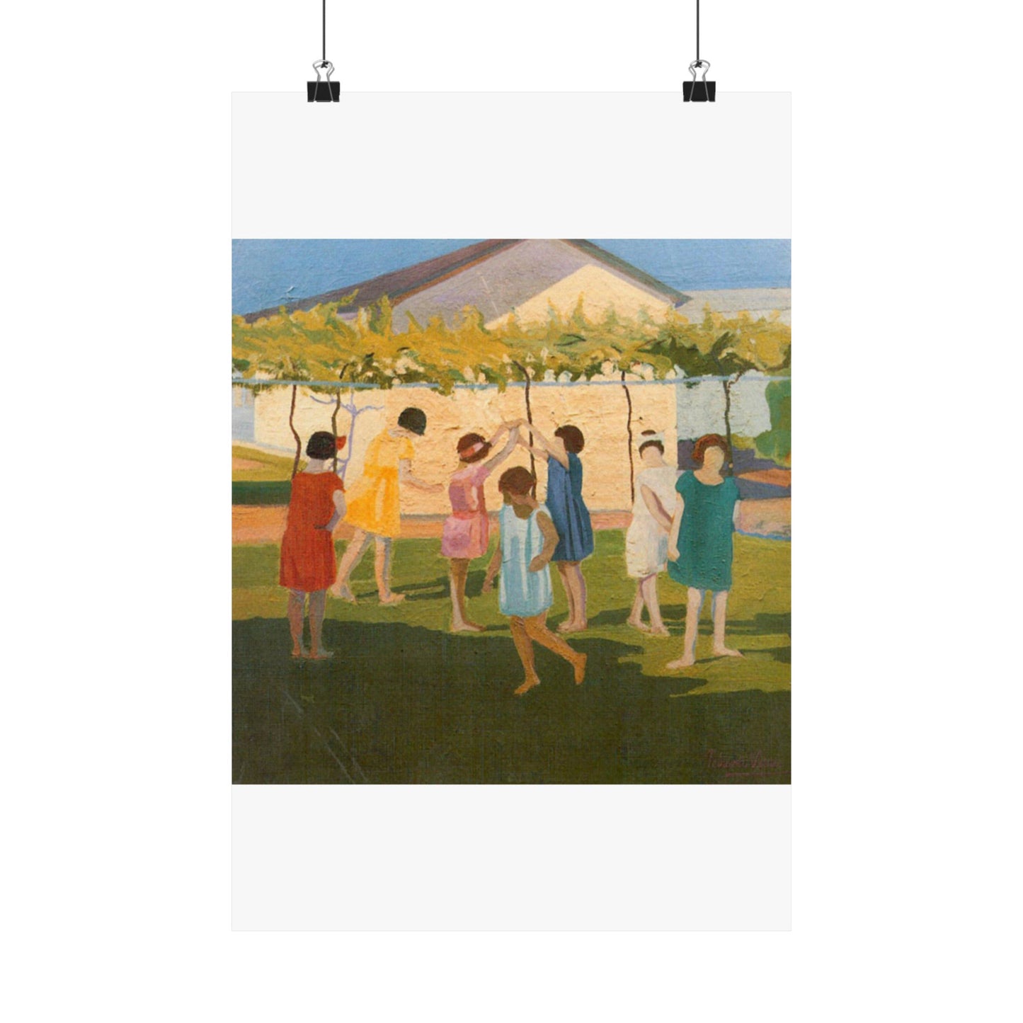 Petrona Viera - A painting of a group of children playing with a kite High Quality Matte Wall Art Poster for Home, Office, Classroom