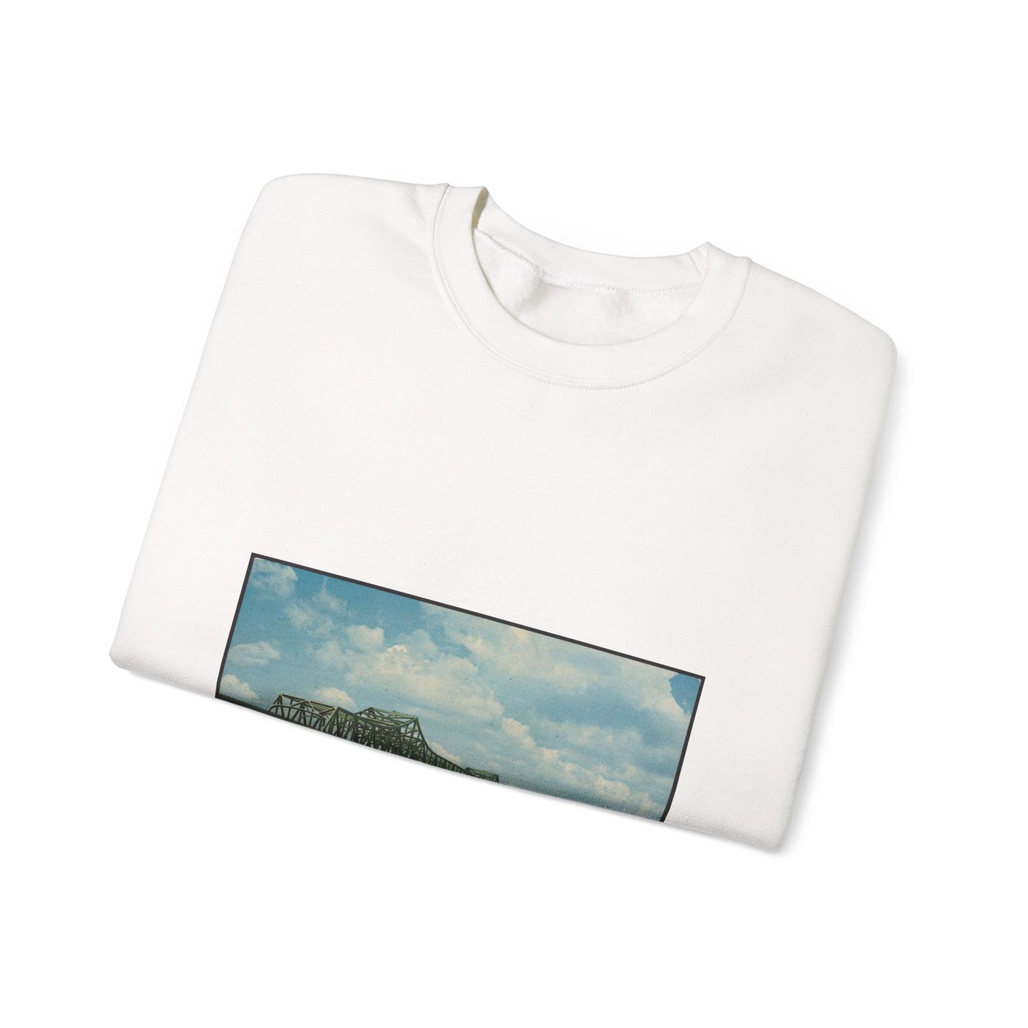 The battleship U.S.S. Massachusetts and Braga Bridge, Fall River, Massachusetts White Heavy Blend Adult Crew Neck SweatShirt