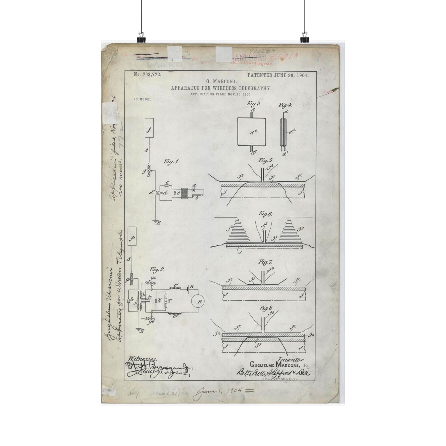 Patent drawing - for G. Marconi's Apparatus for Wireless Telegraphy Public domain image High Quality Matte Wall Art Poster for Home, Office, Classroom