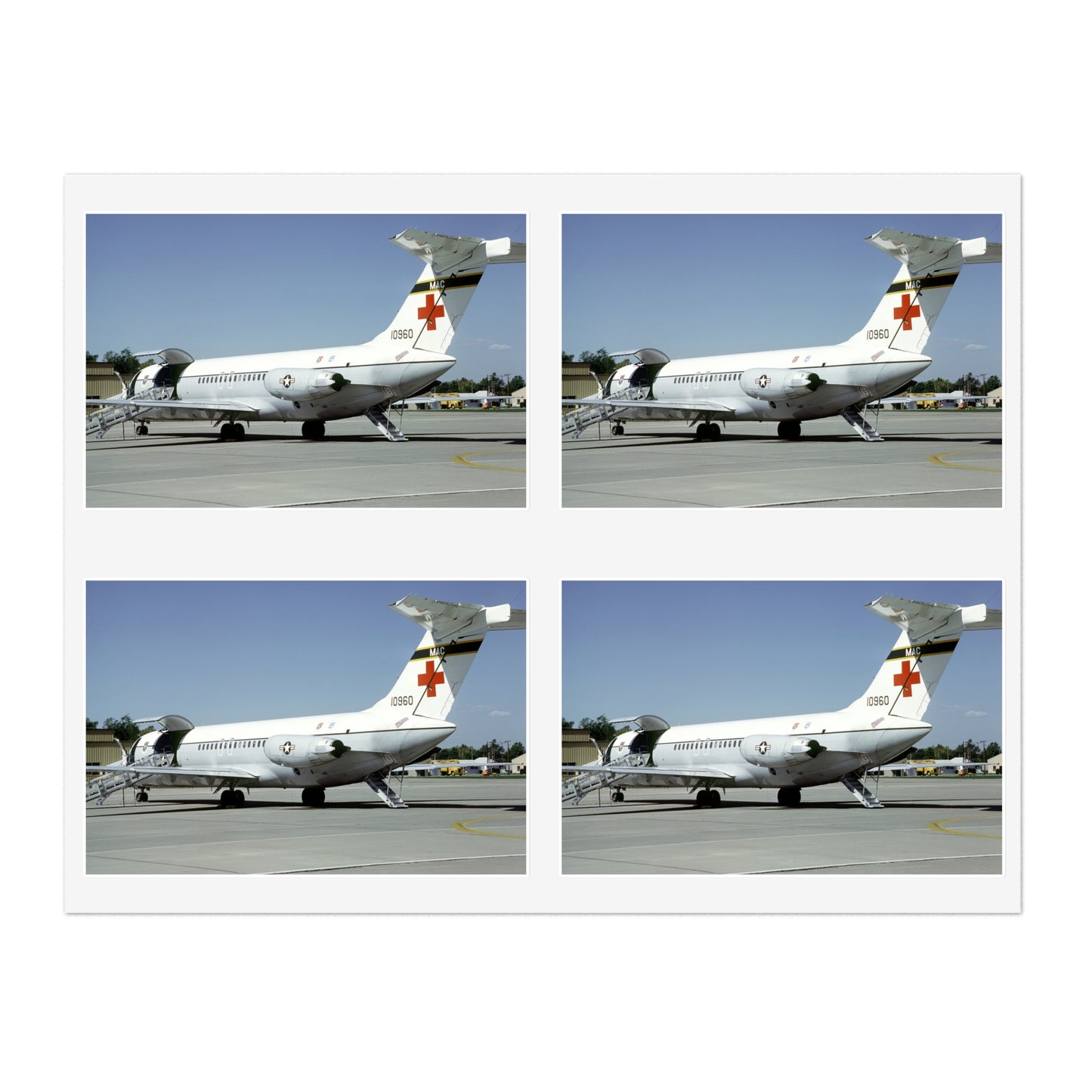 A left rear view of a 375th Aeromedical Airlift Wing a C-9 Nightingale aircraft on the flight line with staircase and loading ramp inposition Laminated UV Protective Vinyl Stickers