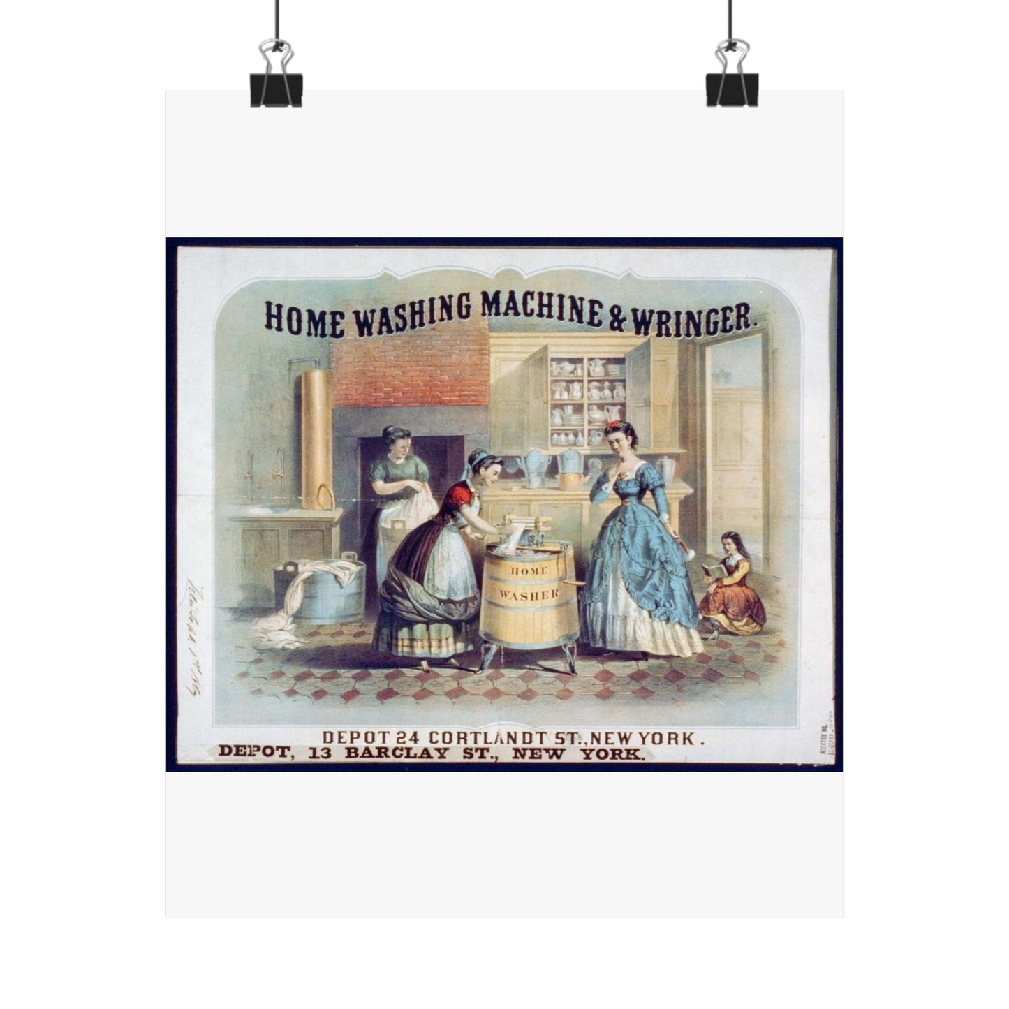 Home washing machine & wringer - A painting of women washing machines in a kitchen High Quality Matte Wall Art Poster for Home, Office, Classroom