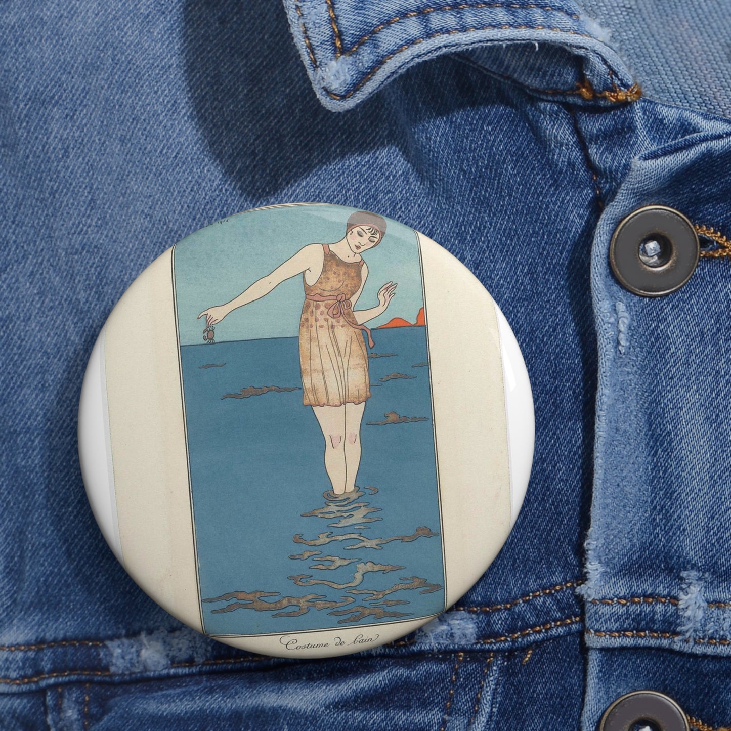 Journal des Dames et des Modes, Costumes Parisiens, 1913, No. 101 : Costume de bain Pin Buttons with Crisp Design