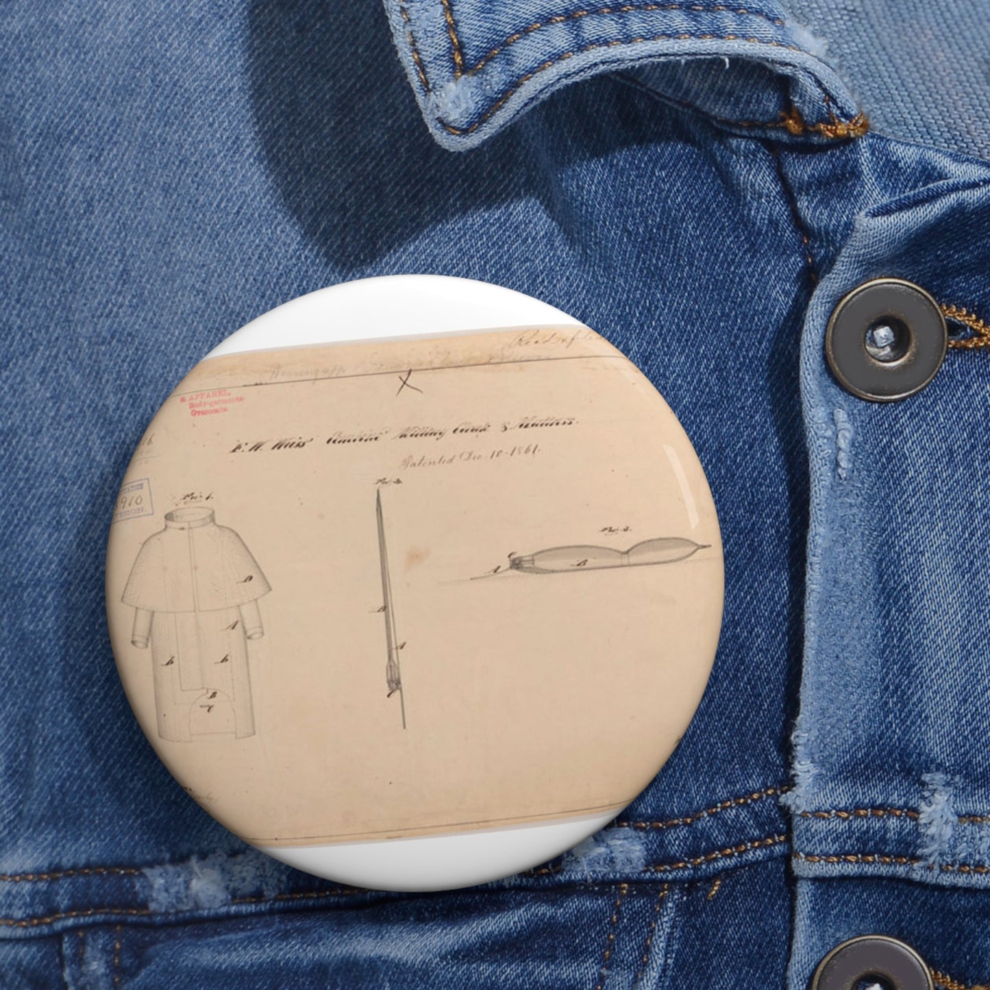 Patent drawing - Drawing of Combined Military Cloak and Mattress Public domain image Pin Buttons with Crisp Design