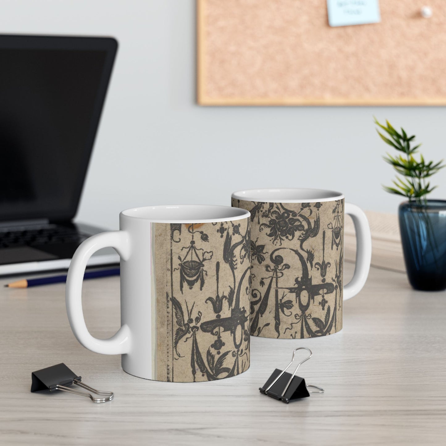 Blackwork Print with a Trophy at Center Surrounded by Grotesques and Swag Drapery Beautiful Novelty Ceramic Coffee Mug 11oz