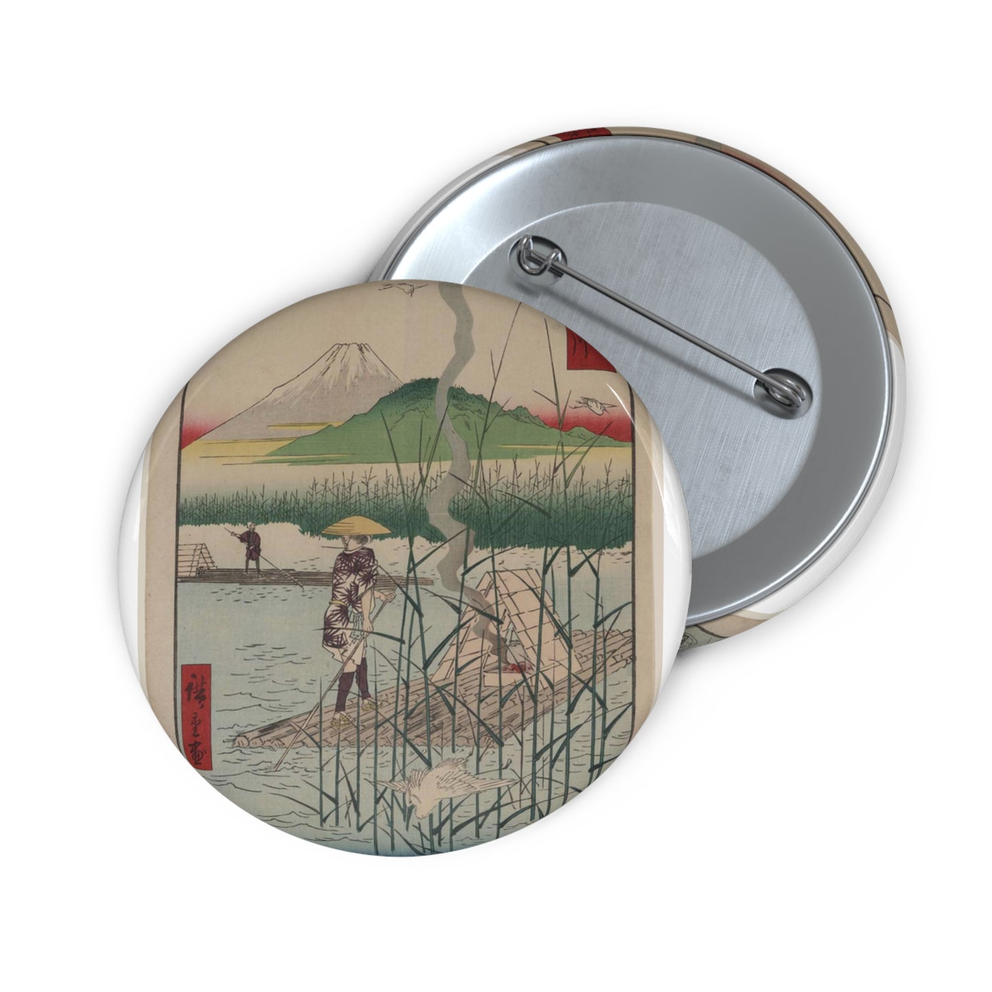 18 - The Sagami River - A painting of a man standing on a boat in a body of water Pin Buttons with Crisp Design