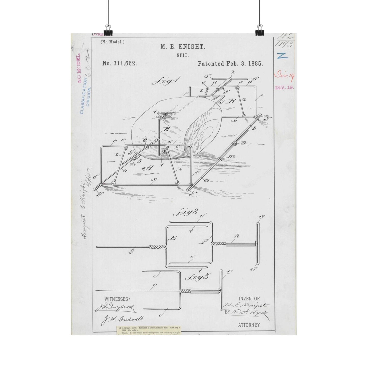 Patent drawing - for M. E. Knight's Spit Public domain image High Quality Matte Wall Art Poster for Home, Office, Classroom