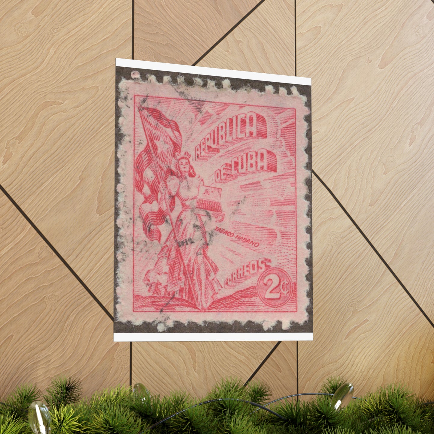 Frimärke ur Gösta Bodmans filatelistiska motivsamling, påbörjad 1950.Frimärke från Cuba, 1948. Motiv av kvinnosymbol för friheten med cigrarrlåda och flagga. High Quality Matte Wall Art Poster for Home, Office, Classroom