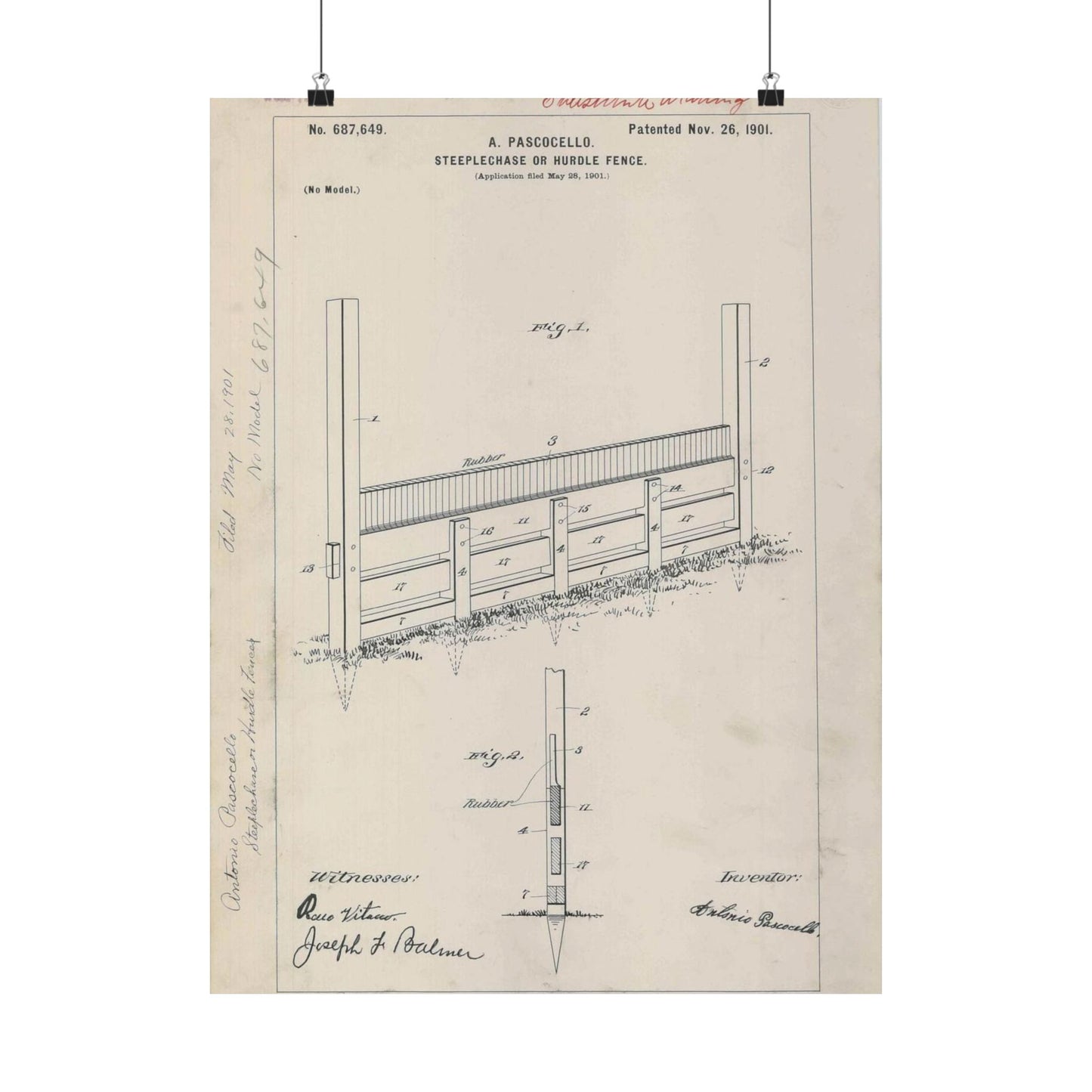 Patent Drawing of Engine - for A. Pascocello' Steeplechase or Hurdle Fence Public domain image High Quality Matte Wall Art Poster for Home, Office, Classroom